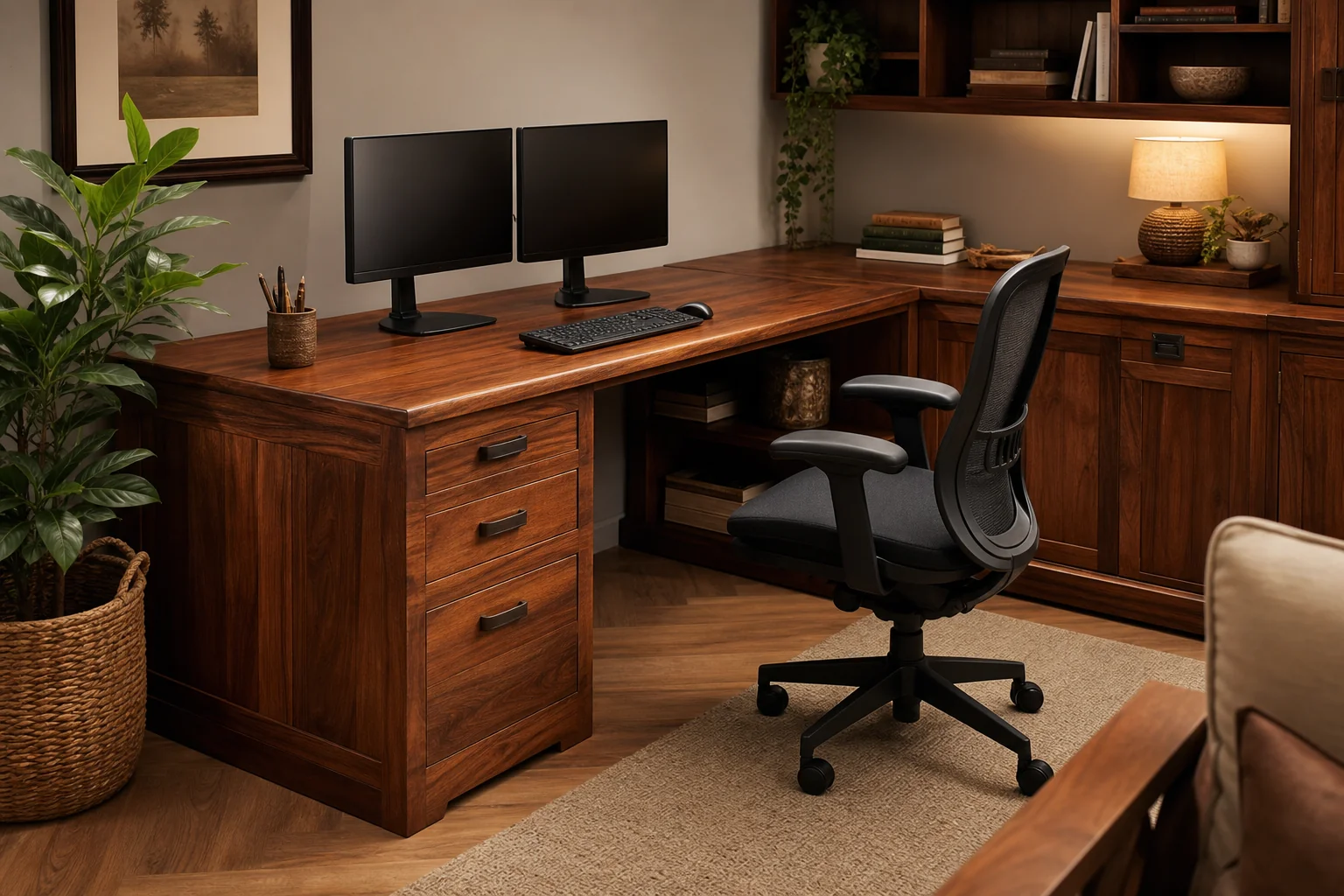 An L-shaped teak executive desk styled for a professional home office setup. Photorealistic photo of a stylish L-shaped solid teak wood office desk with drawers and open shelving, dual monitor setup, ergonomic chair, plant in a woven basket