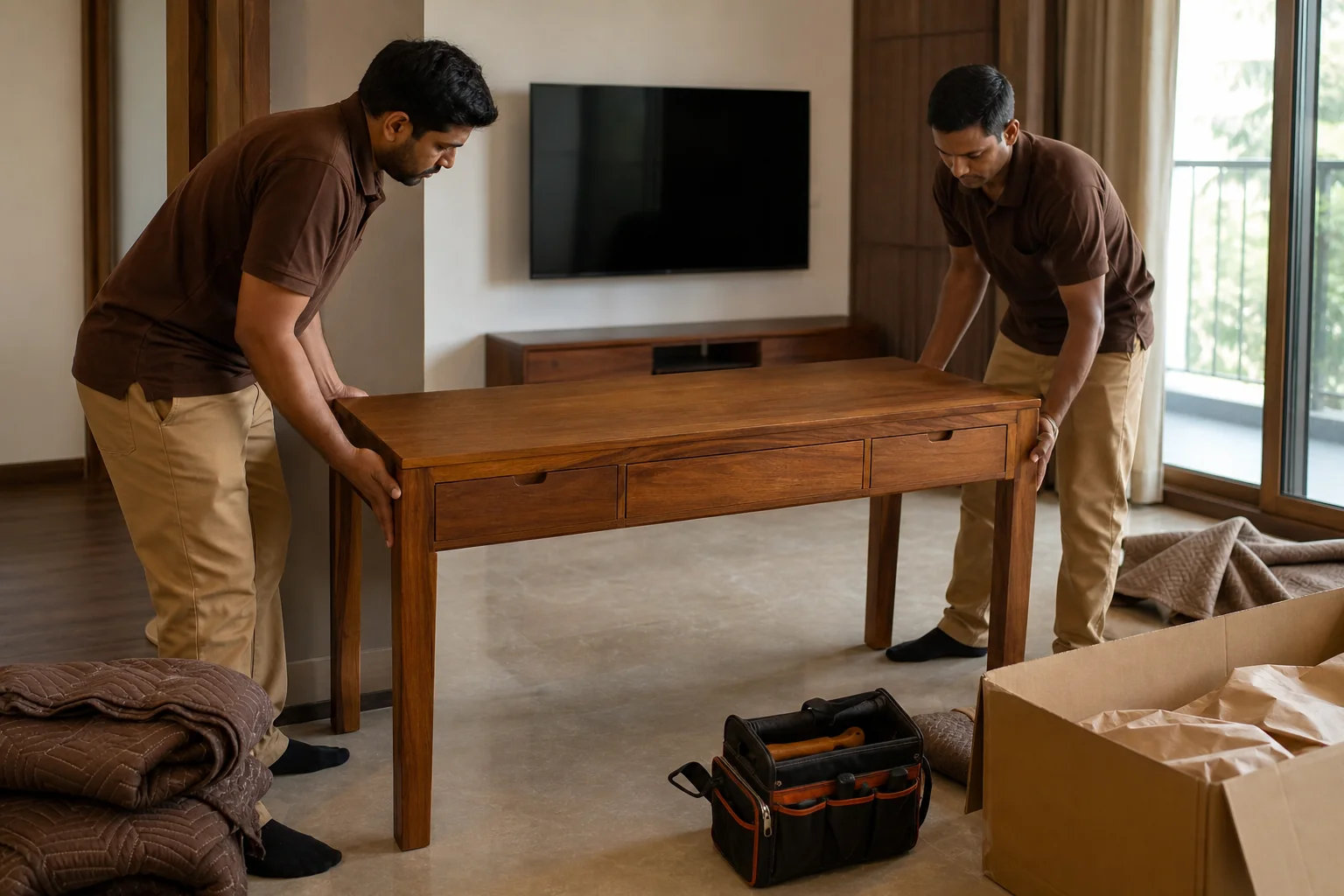 Furniture delivery and assembly team setting up a wooden desk in a home. Photorealistic photo of two delivery and assembly professionals in branded uniforms carefully positioning a solid teak wood study desk inside a modern Indian apartment