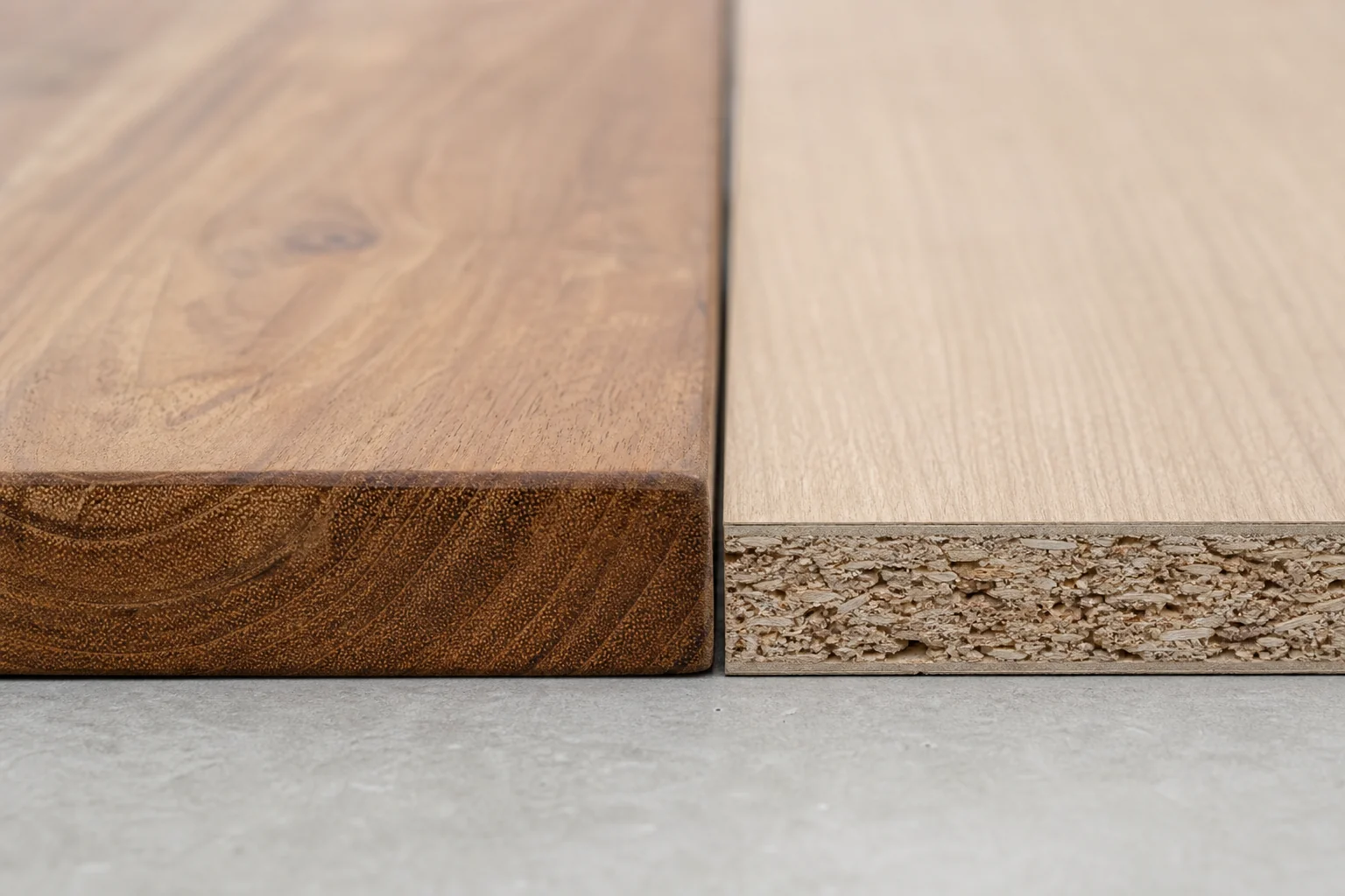 Close-up comparison of solid teak wood grain versus engineered wood board. photorealistic: A close-up macro photograph comparing two furniture wood samples side by side, one being rich solid teak wood with visible natural grain in warm