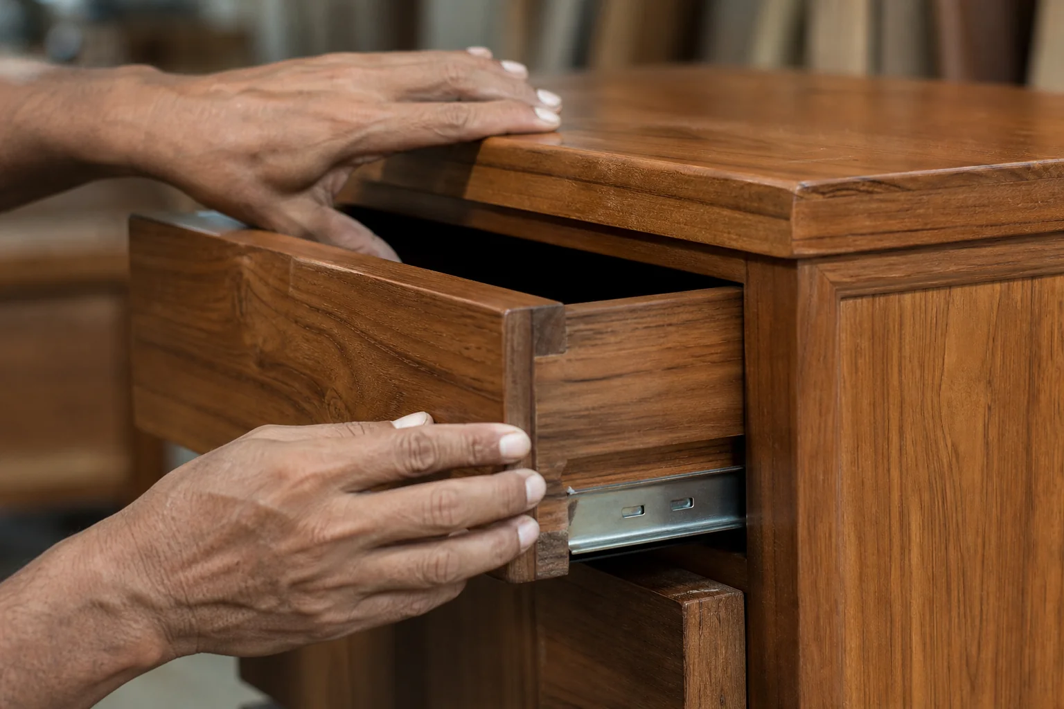 Hands inspecting joinery and drawer of a wooden dressing table. photorealistic: A close-up photograph of a person's hands carefully inspecting the wooden joinery and drawer runner of a teak dressing table, checking smoothness and fit. Warm