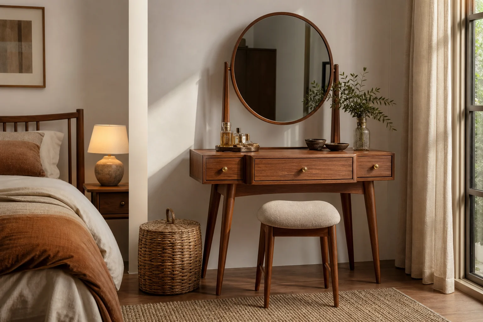 Three dressing table styles side by side: modern, colonial, mid-century. photorealistic: A tasteful interior photograph showing a mid-century style teak dressing table with tapered legs and a round mirror in a stylish bedroom corner. Warm