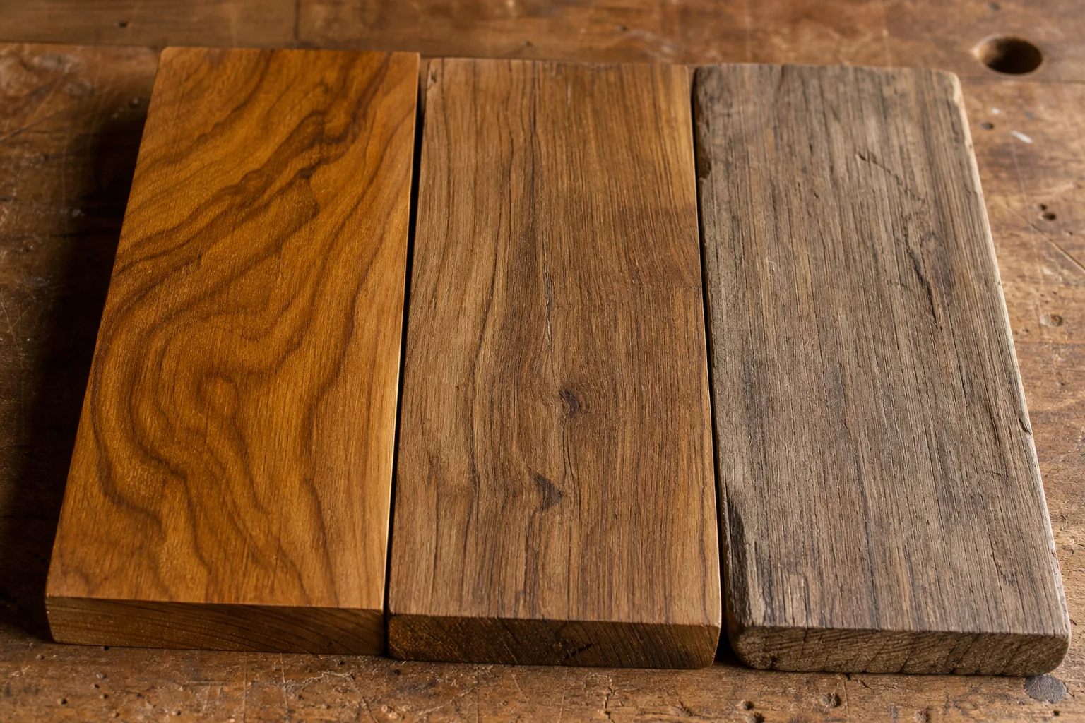 Close-up comparison of teak wood grain samples showing heartwood color and grain quality. photorealistic: close-up macro photograph of three solid teak wood samples laid side by side on a workbench, showing different grain patterns and