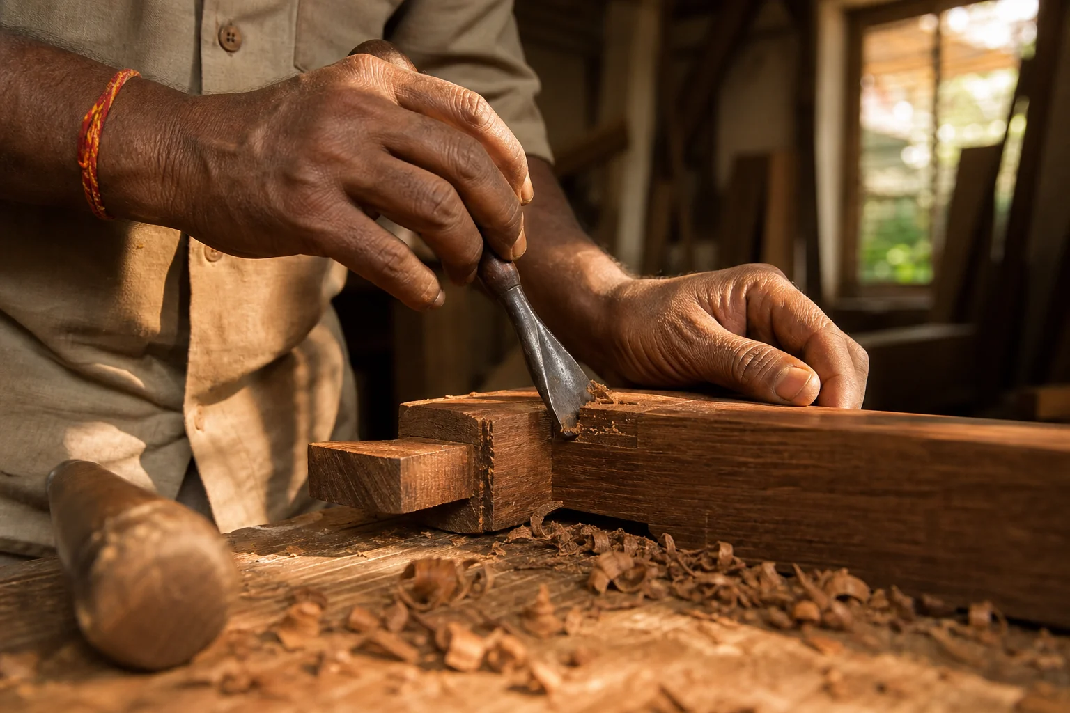 Craftsman hand-cutting mortise and tenon joinery on a teak table leg in a workshop. photorealistic: skilled Indian craftsman's hands chiseling a mortise and tenon joint into a solid teak table leg in a wood workshop, wood shavings on the