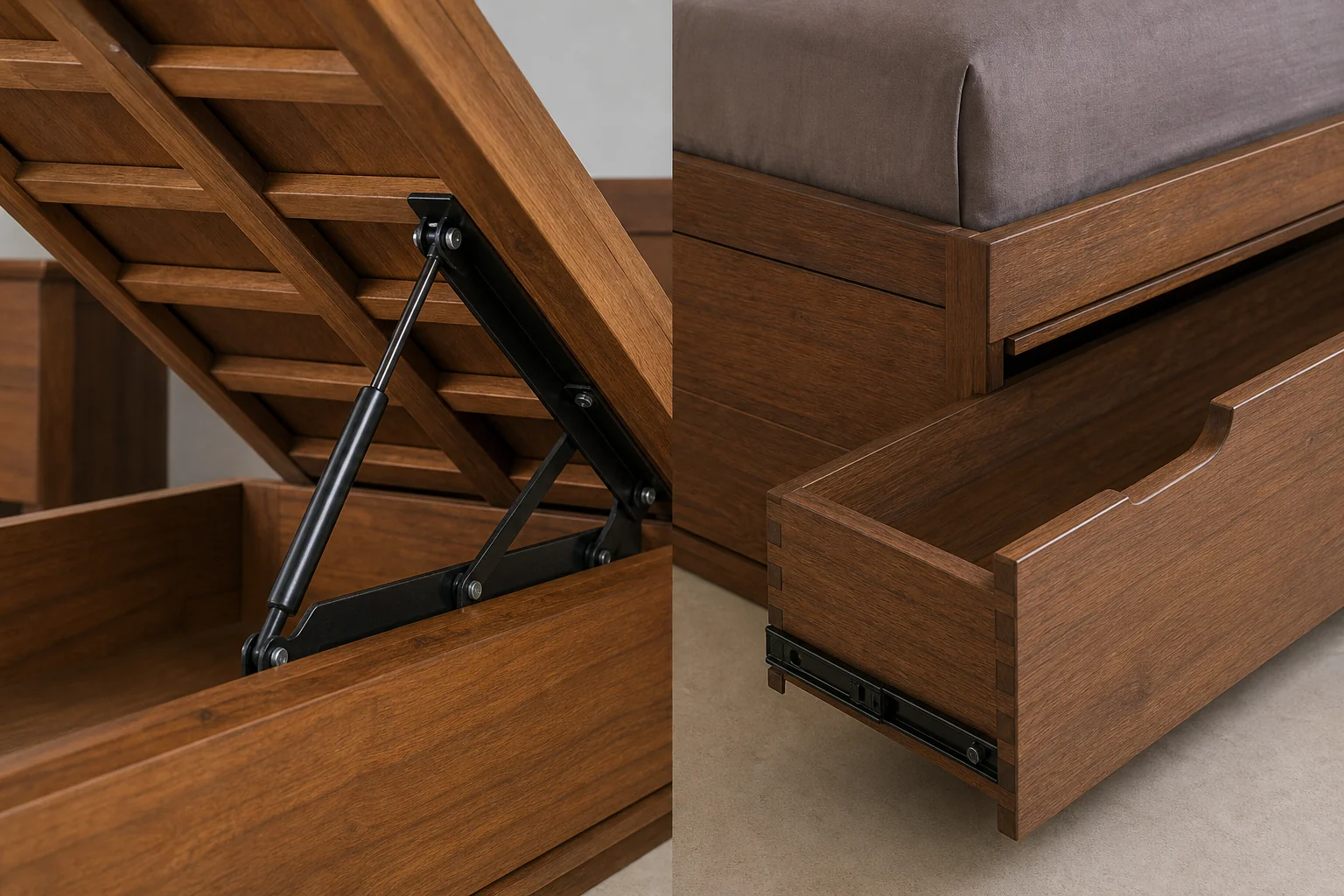 Close-up comparison of hydraulic hinge mechanism versus drawer storage bed. photorealistic close-up photo showing two storage bed mechanisms side by side, on the left a heavy-duty hydraulic gas-lift hinge mechanism on a teak bed frame