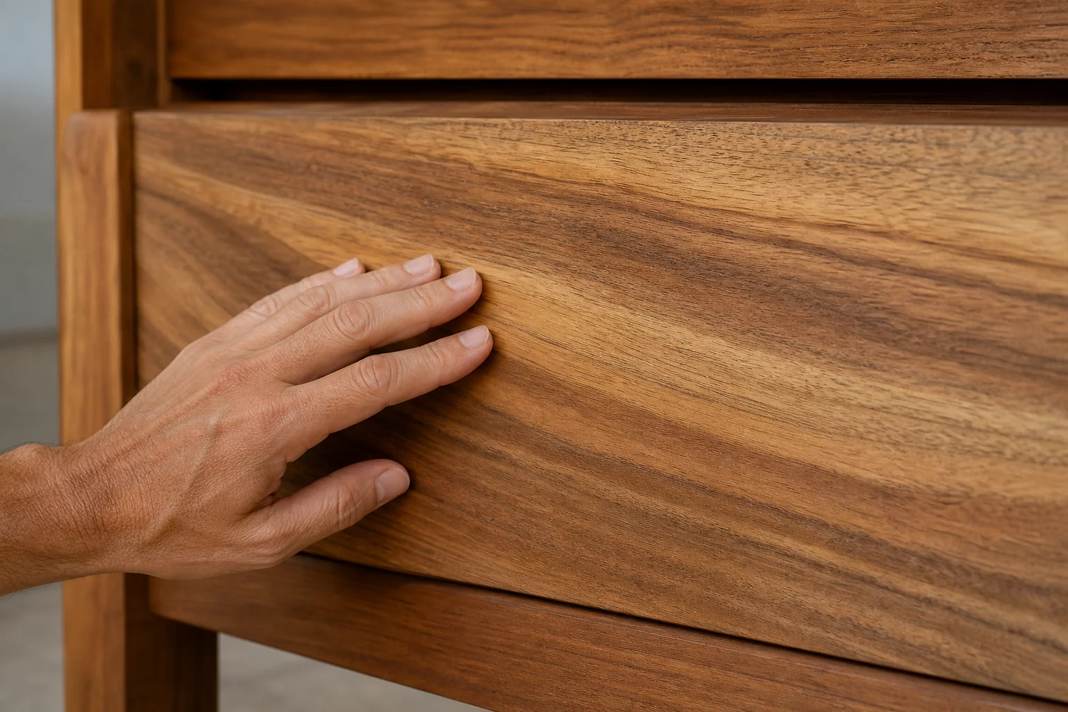 Macro shot of real teak wood grain texture on a bed frame panel for quality inspection. photorealistic macro photograph of solid teak wood grain on a bed frame panel, showing natural color variation, tight grain lines, and a hand gently