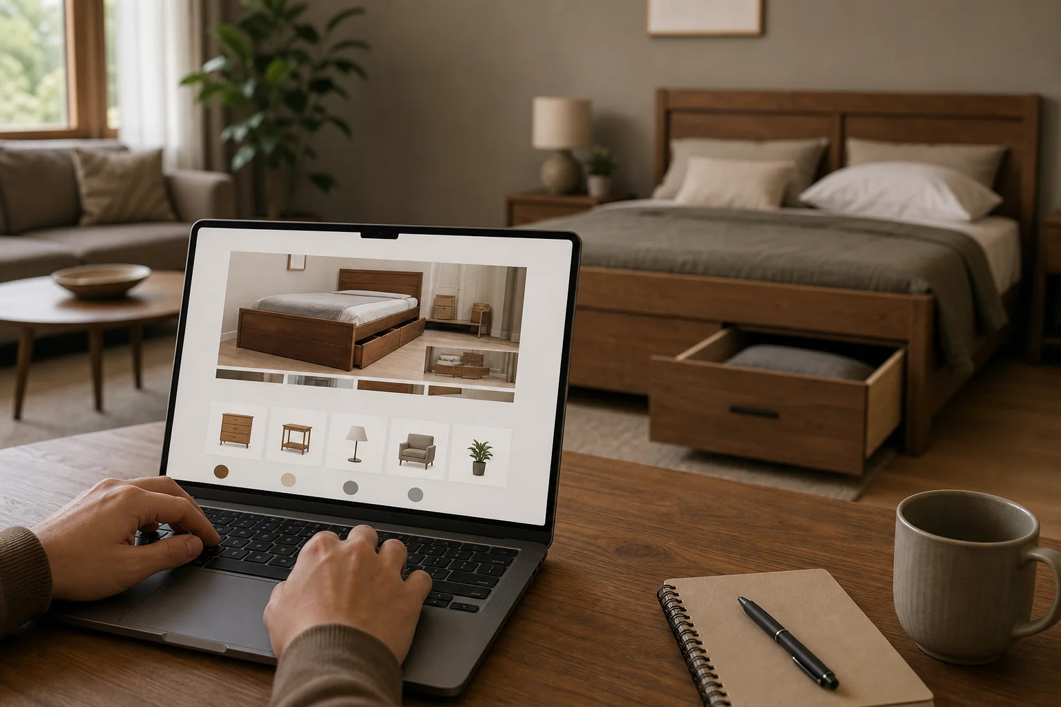 Person examining a storage bed listing on a laptop with a real bed frame visible nearby for comparison. photorealistic photo of a person's hands typing on a laptop displaying a furniture shopping website interface, with a solid wood storage