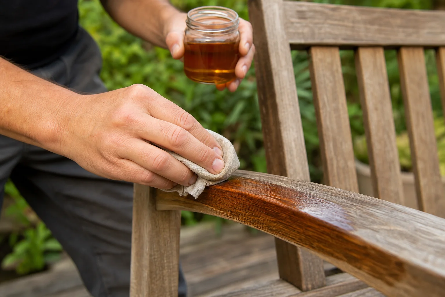 Teak Outdoor Furniture for Goa Homes: 2026 Guide 3 Close-up of hands applying teak oil to an outdoor wood chair. Photorealistic close-up photo of hands applying natural teak oil with a soft cloth onto a weathered teak wood outdoor chair armrest, garden setting with blurred greenery in