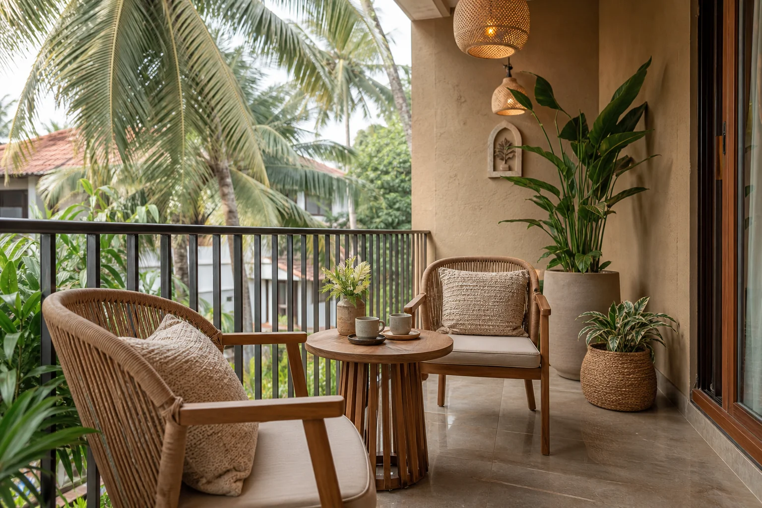 Teak Outdoor Furniture for Goa Homes: 2026 Guide 2 A cozy teak balcony seating set with rattan accents overlooking greenery. Photorealistic photo of a compact teak wood balcony seating set with woven rattan side chairs and a small round side table, positioned on a shaded apartment balcony