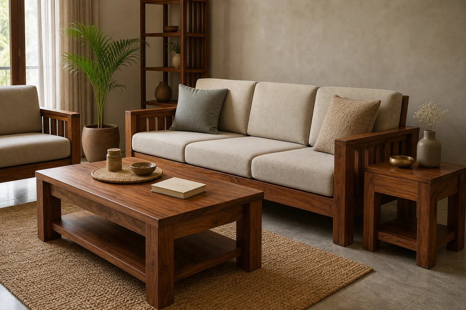 A neatly arranged teak wood living room set styled for an online catalog photo, emphasizing transparency and detail in presentation. photorealistic: a beautifully styled living room interior featuring solid teak wood sofa, coffee table, and
