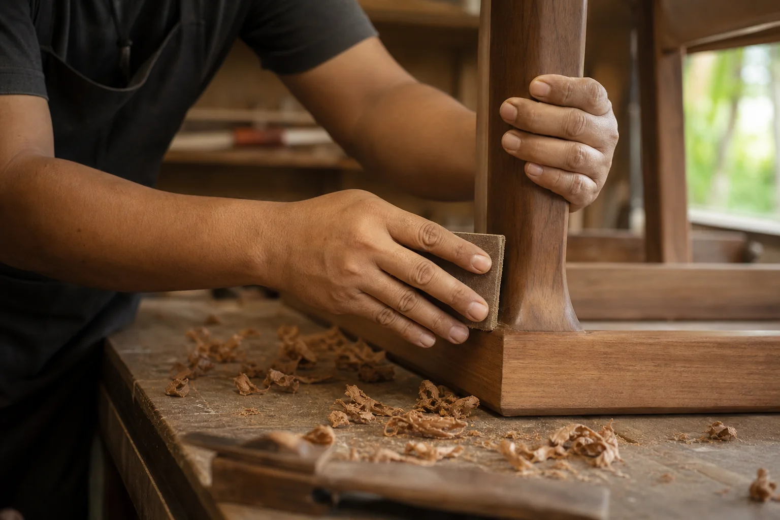 Craftsman hand-finishing a wooden furniture joint in a workshop, illustrating joinery quality. photorealistic: a skilled woodworker's hands sanding and finishing a solid teak wood furniture joint in a well-lit workshop, wood shavings