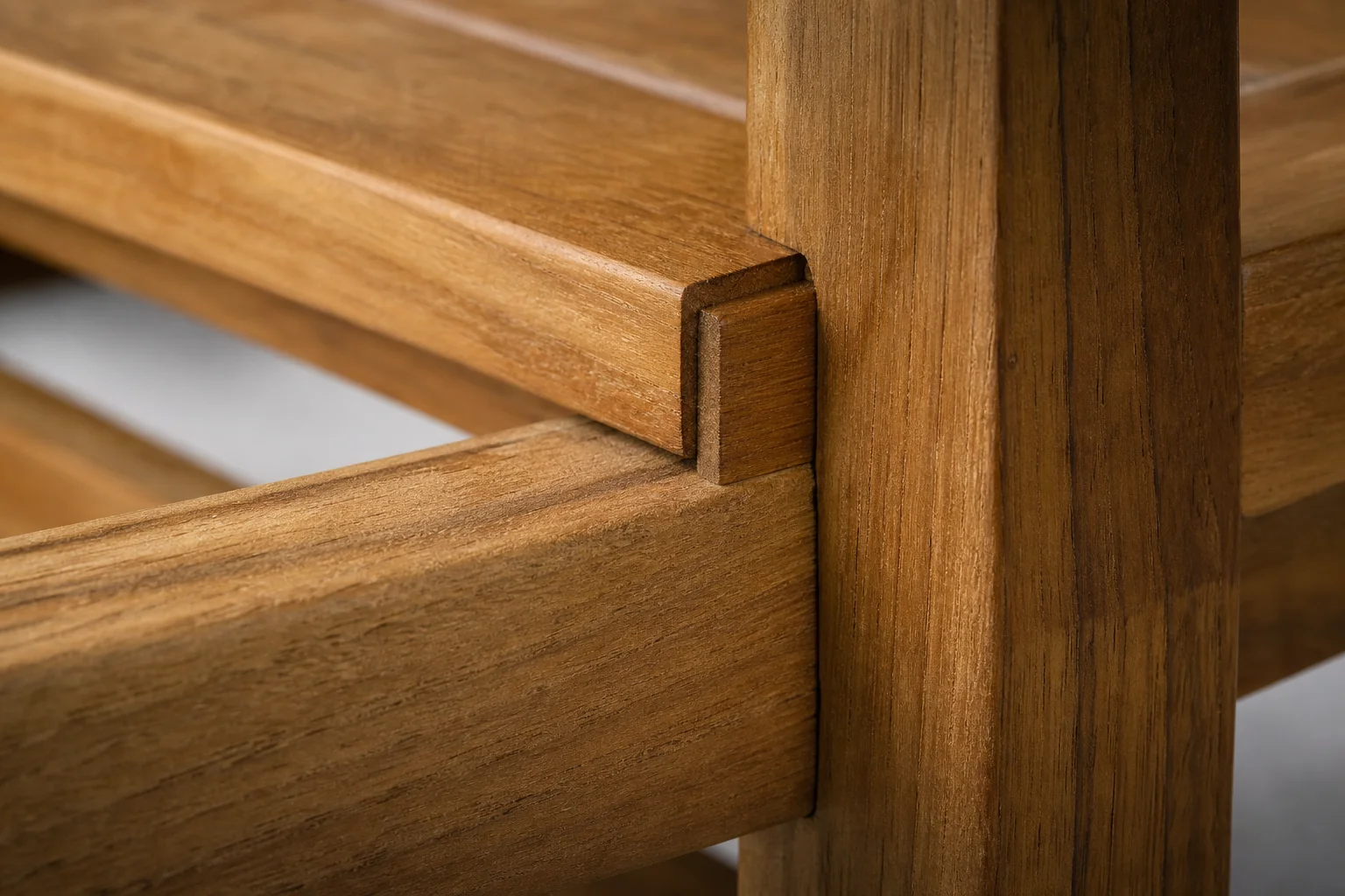 Close-up macro shot of teak wood grain and joinery detail as seen in product photography. photorealistic: extreme macro close-up photograph of solid teak wood furniture joint, showing natural wood grain texture, a visible mortise and tenon