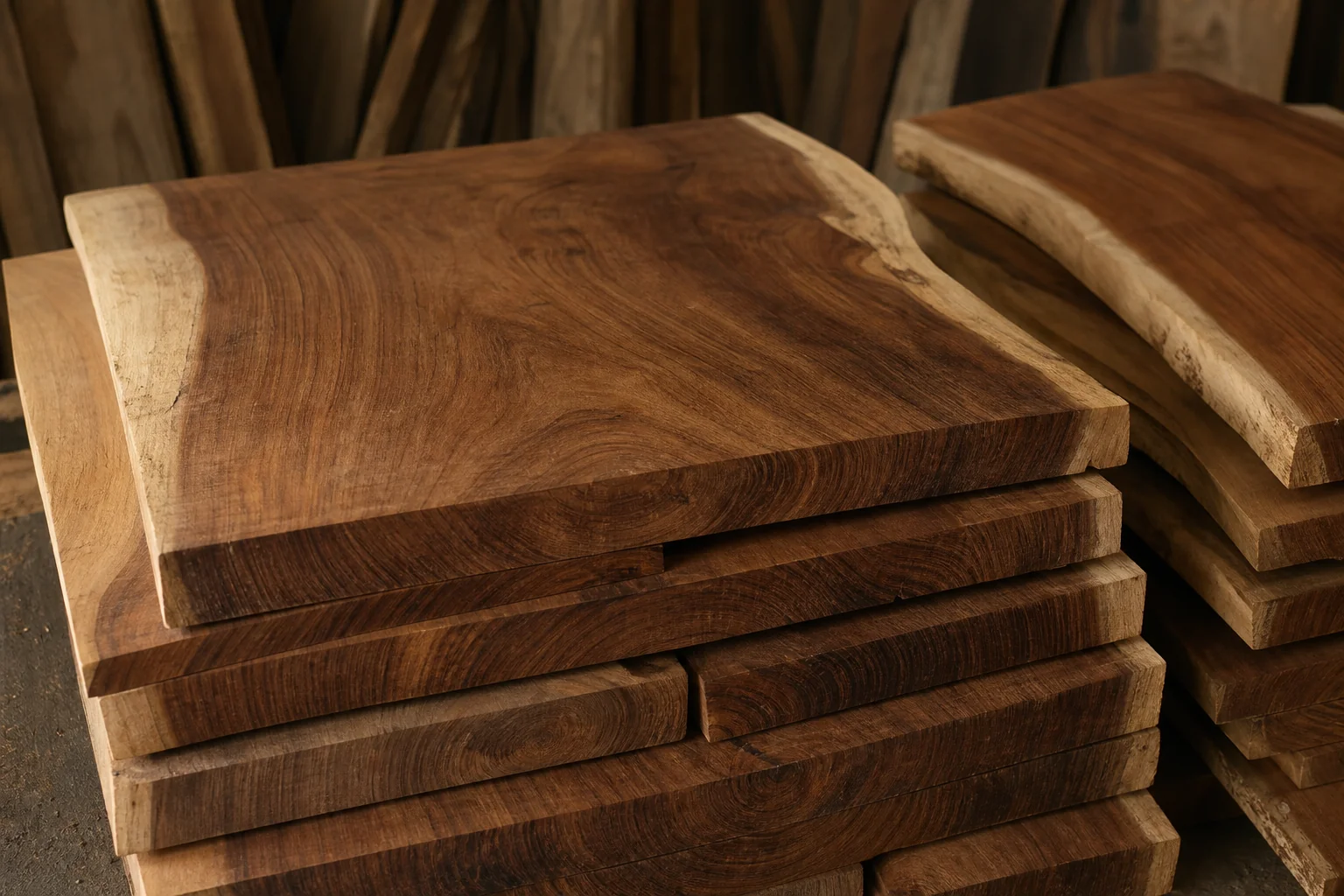 Close-up comparison of teak wood grain quality showing dense heartwood texture. Photorealistic close-up photograph of raw teak wood planks stacked in a workshop, showing tight grain patterns and rich brown heartwood tones, some lighter