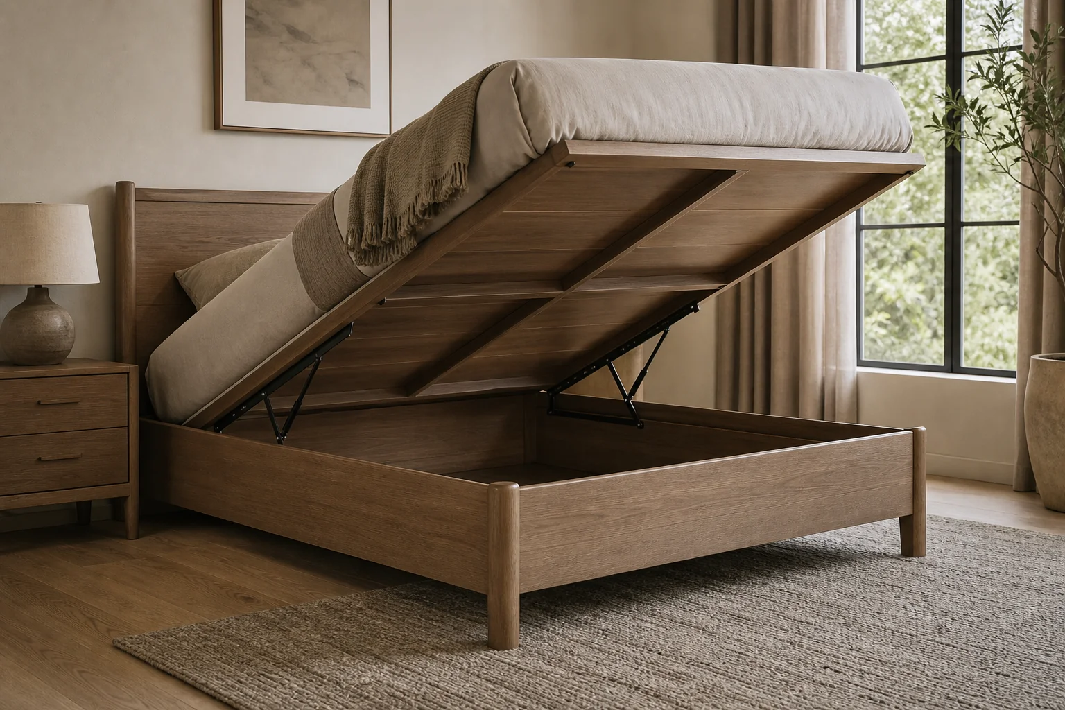 Storage bed with lifted hydraulic panel showing hardware and storage compartment. Photorealistic photograph of a solid wood storage bed with the base panel lifted open on a hydraulic hinge, revealing a clean storage compartment, bedroom