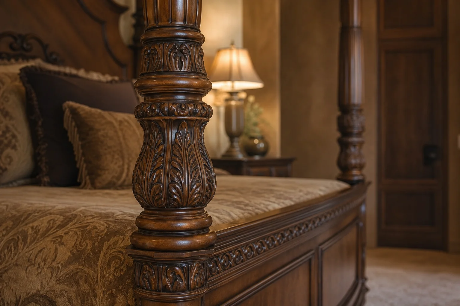 Carved poster bed post detail showing craftsmanship and design complexity. Photorealistic photograph of an ornate hand-carved wooden poster bed corner post in a bedroom, intricate turned wood detailing, rich teak brown finish, soft ambient