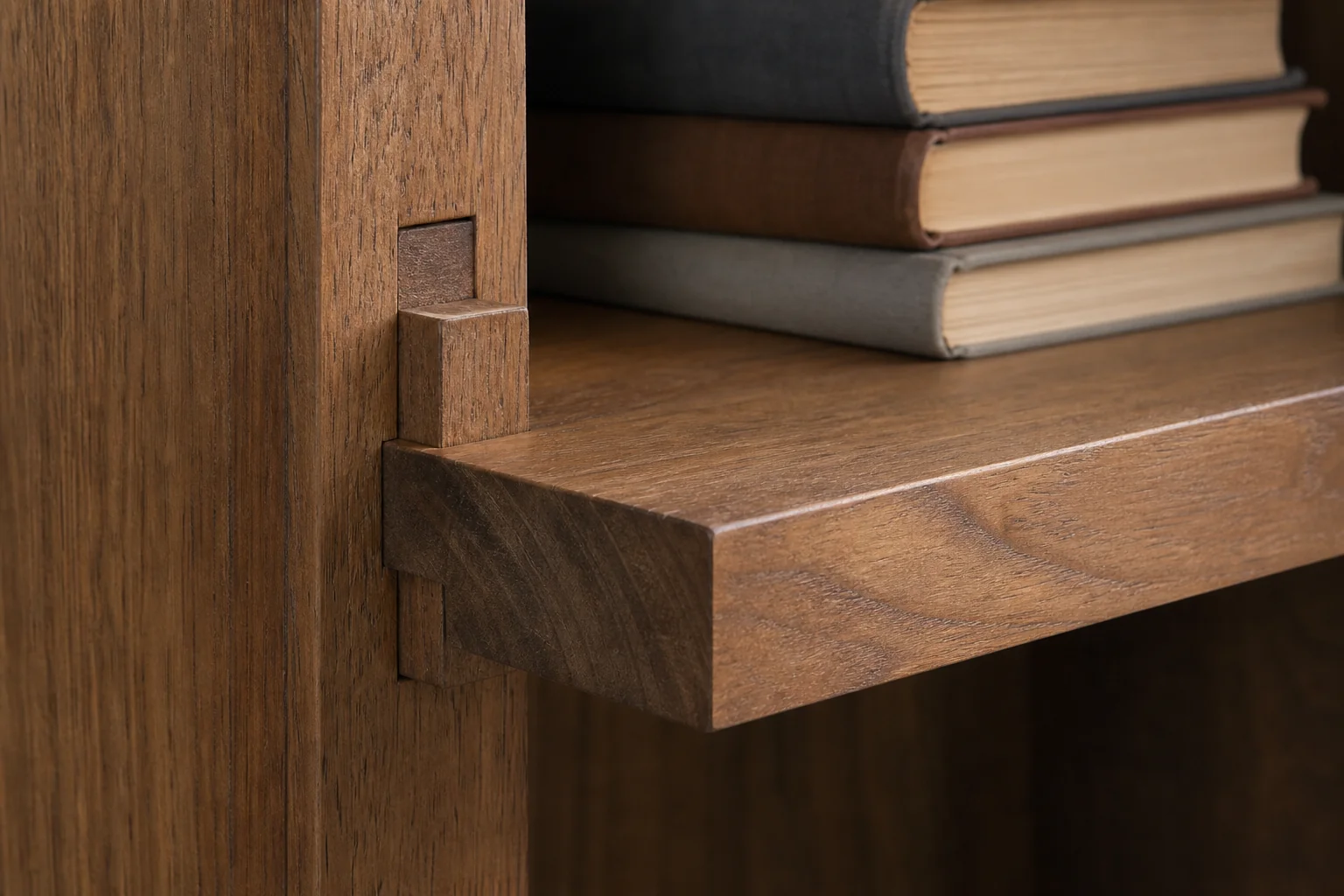 How to Choose the Right Wooden Bookshelf for Your Home 2 Close-up of thick teak shelf boards with visible joinery supporting stacked books. photorealistic, close-up macro shot of a solid teak wood shelf board joint, showing sturdy mortise and tenon style joinery and thick shelf edge, stack of
