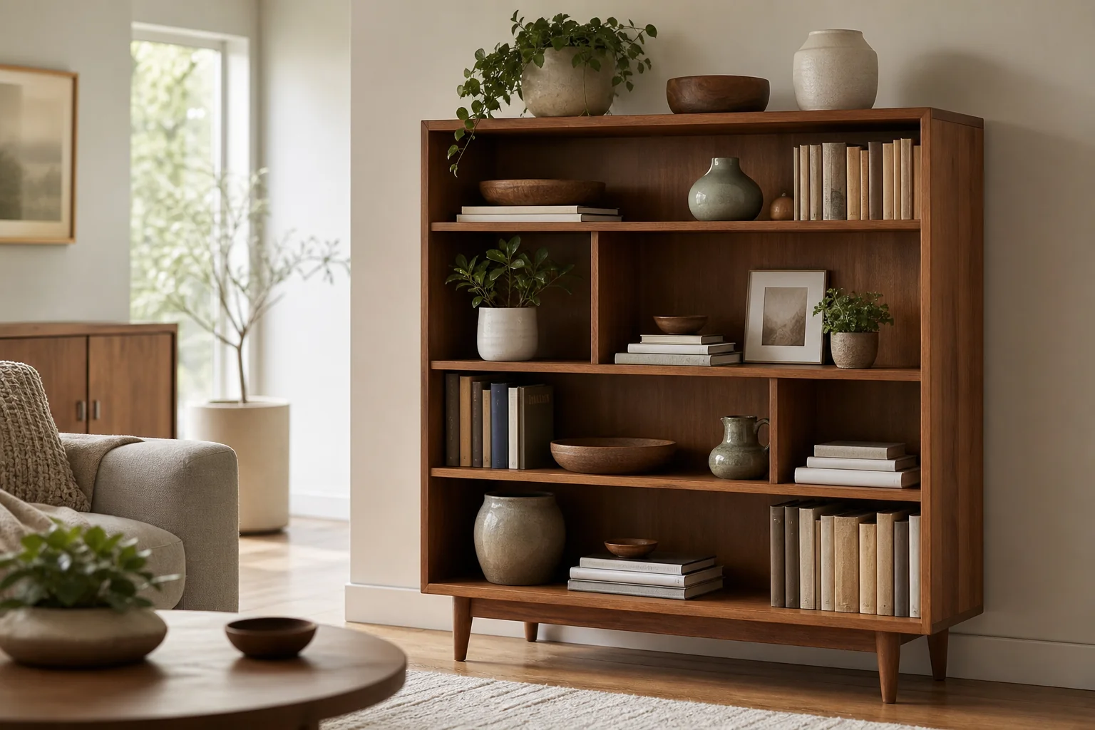 How to Choose the Right Wooden Bookshelf for Your Home 3 Mid-century style teak bookshelf styled with plants and books in a modern home. photorealistic, mid-century style solid teak wood bookshelf with tapered legs, styled with books, potted plants, and ceramic decor, placed in a bright modern