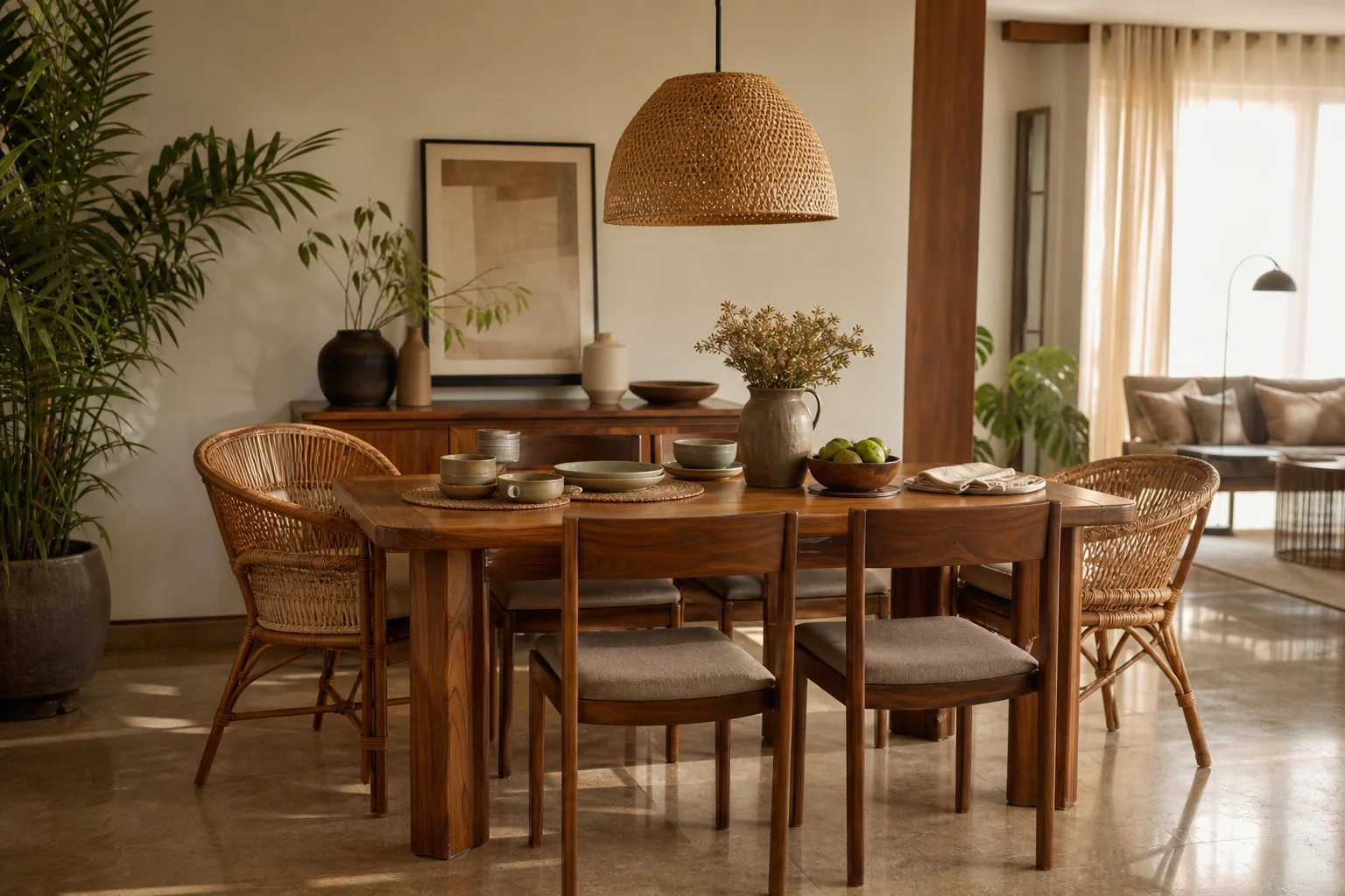 Solid Teak Wood Furniture in Bengaluru: Buyer's Guide 2026 4 Bengaluru dining nook combining solid teak wood dining table with rattan accent chairs