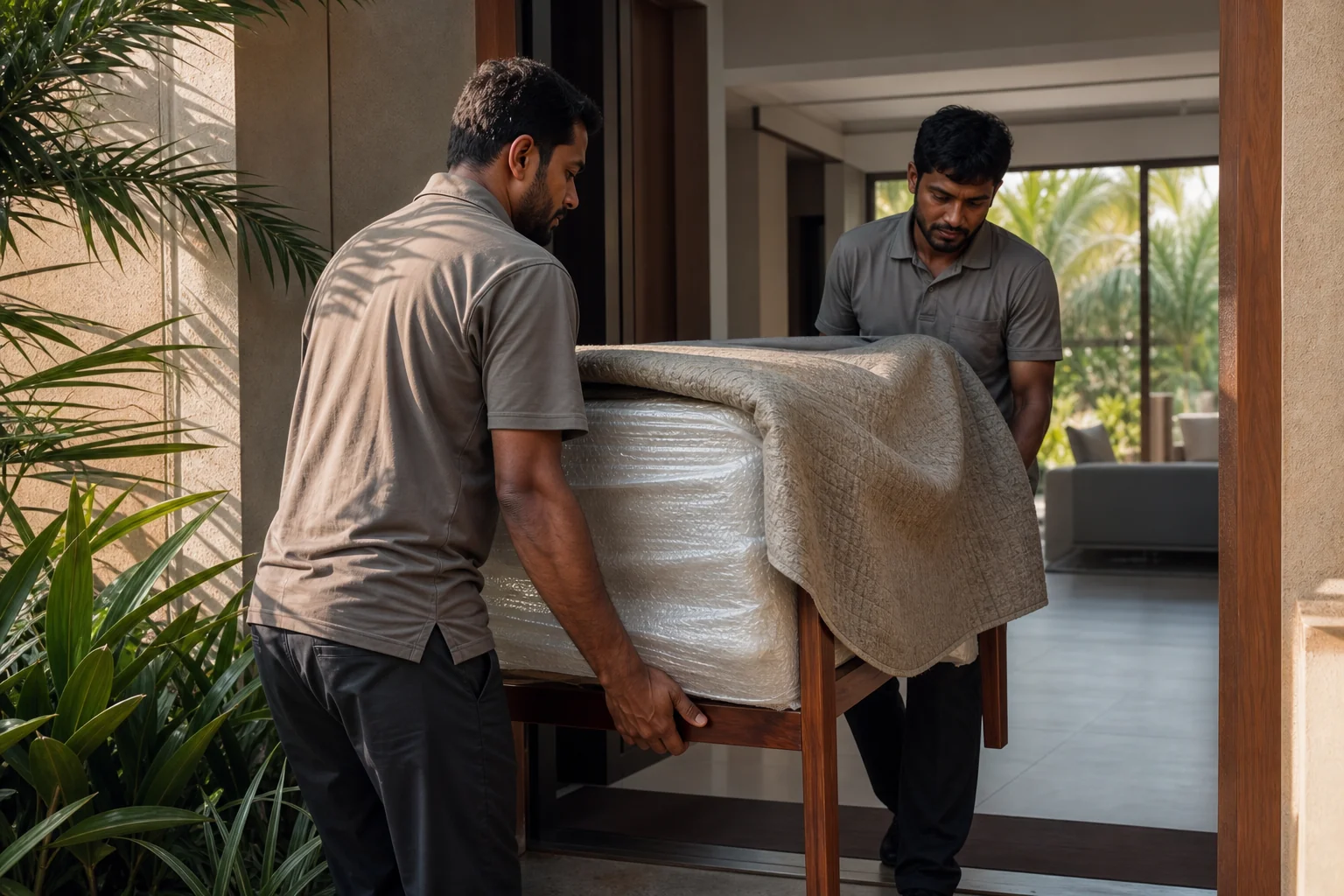 Solid Teak Wood Furniture in Bengaluru: Buyer's Guide 2026 3 Delivery staff carefully carrying wrapped solid teak wood furniture into a Bengaluru home