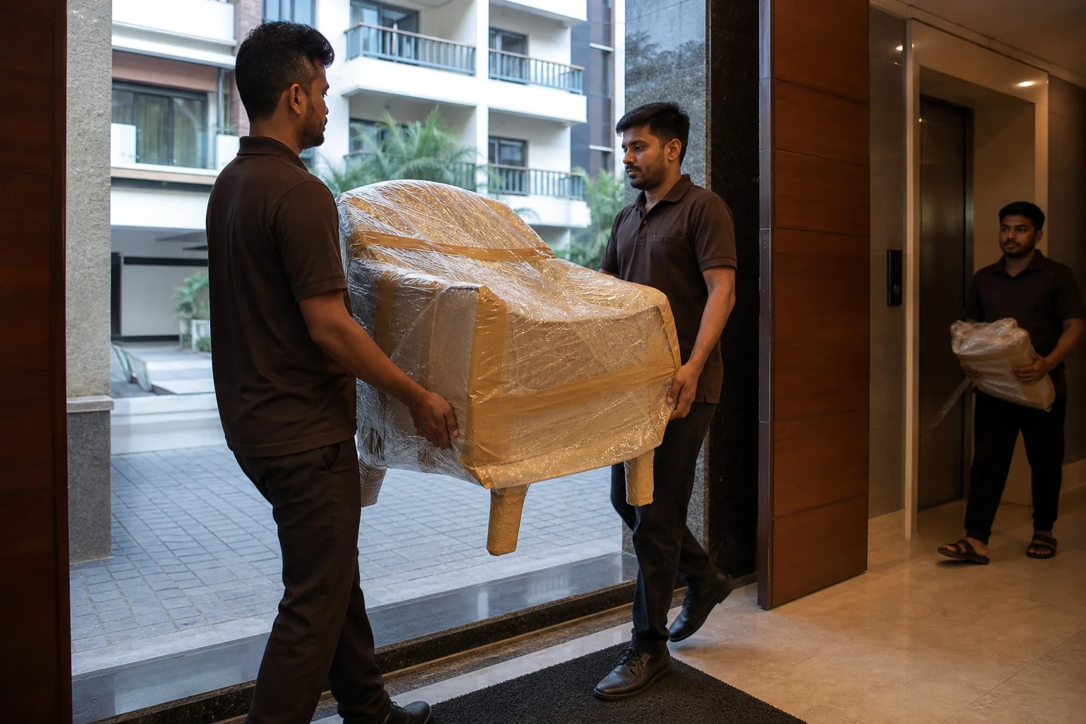 Teak Accent Chairs for Bengaluru Apartments: 2026 Guide 3 Delivery of teak furniture to an apartment building in Bengaluru. photorealistic photo of a delivery team carrying a wrapped solid teak wood accent chair into a modern Bengaluru apartment building lobby, warm brown packaging tones, elevator
