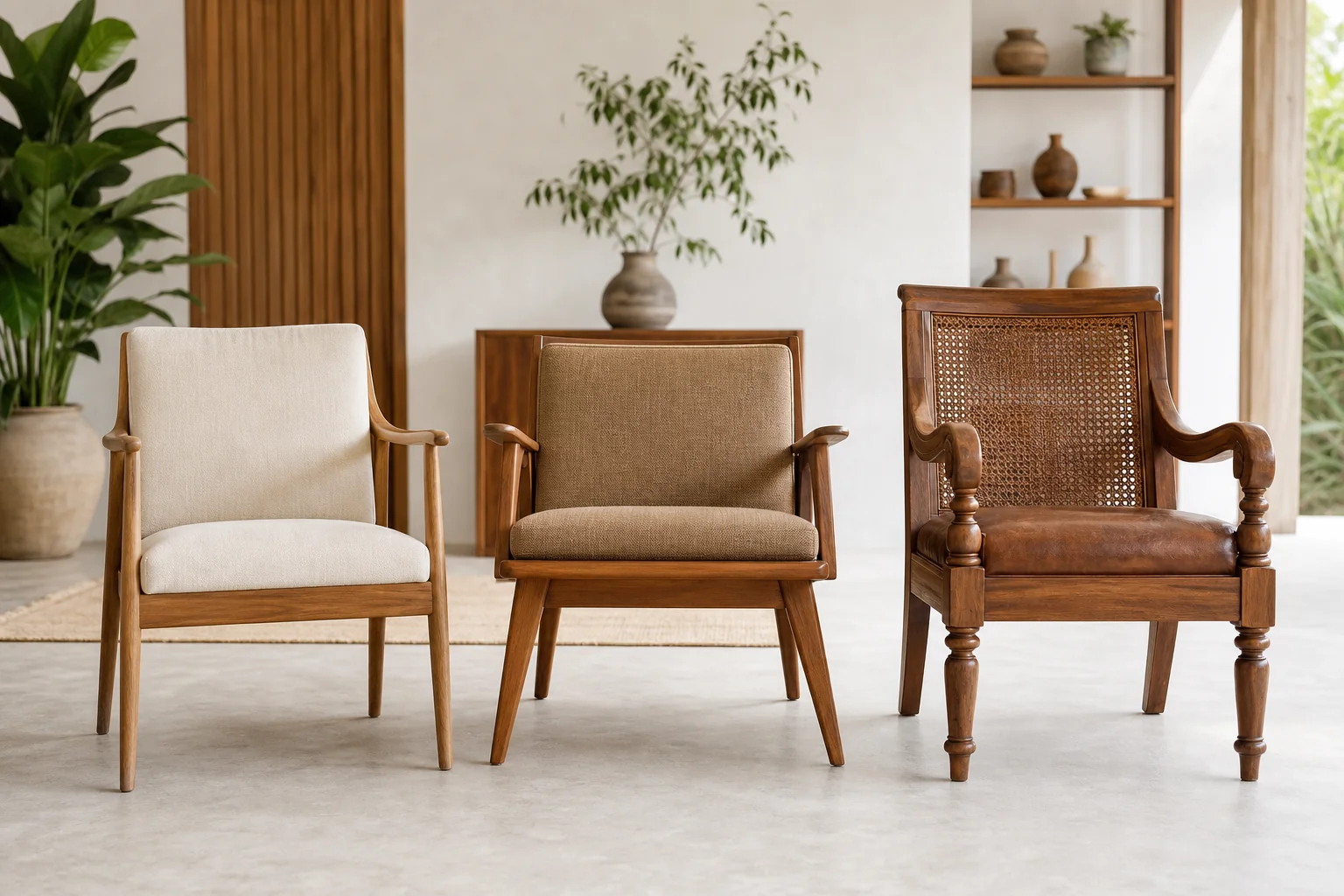 Teak Accent Chairs for Bengaluru Apartments: 2026 Guide 2 Three teak accent chairs in different design styles arranged together. photorealistic photo showing three distinct solid teak wood accent chairs side by side in a bright studio setting: one Nordic-style chair with light cushioning and slim