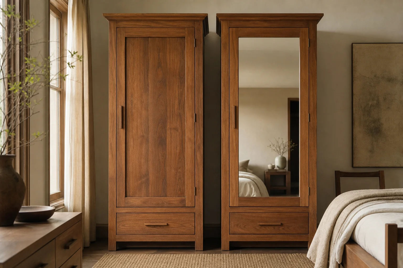 Teak Wardrobe with Mirror: What Drives the Price? 3 Two wardrobes side by side, one plain teak and one with mirror door, in a bedroom setting. photorealistic photo showing two solid teak wardrobes side by side in a bedroom, one with a plain wooden door and one with a mirrored door, warm
