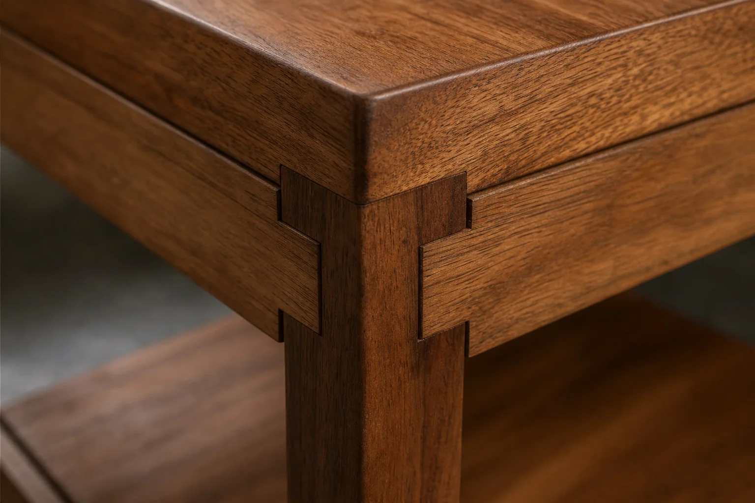 How to Choose Safe Wooden Furniture for Kids' Rooms 2 Close-up of solid teak wood grain and joinery on a piece of kids furniture. Photorealistic close-up photograph of solid teak wood furniture joinery, showing visible natural wood grain texture and a sturdy mortise-and-tenon joint corner of a