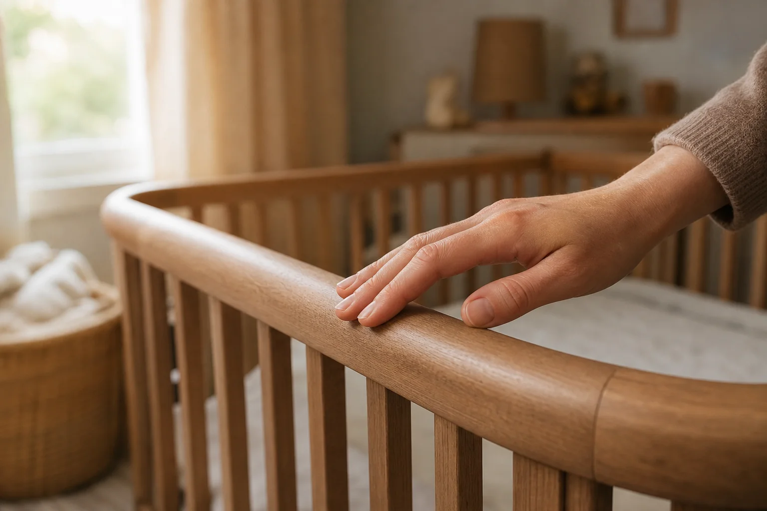 How to Choose Safe Wooden Furniture for Kids' Rooms 3 A parent's hand gently running over a smooth, safely finished wooden crib rail. Photorealistic photo of an adult hand gently touching the smooth rounded rail of a solid wood baby crib, close-up angle, warm wood tones in brown and tan