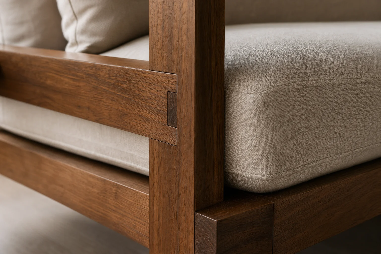 Teak Wood vs Rattan Sofa: Best Choice for Mumbai Homes? 2 Close-up of a handcrafted solid teak wood sofa frame with visible joinery and rich wood grain. photorealistic close-up photograph of a solid teak wood sofa frame corner joint, showing rich brown wood grain in tones of #765139 and #3f352a