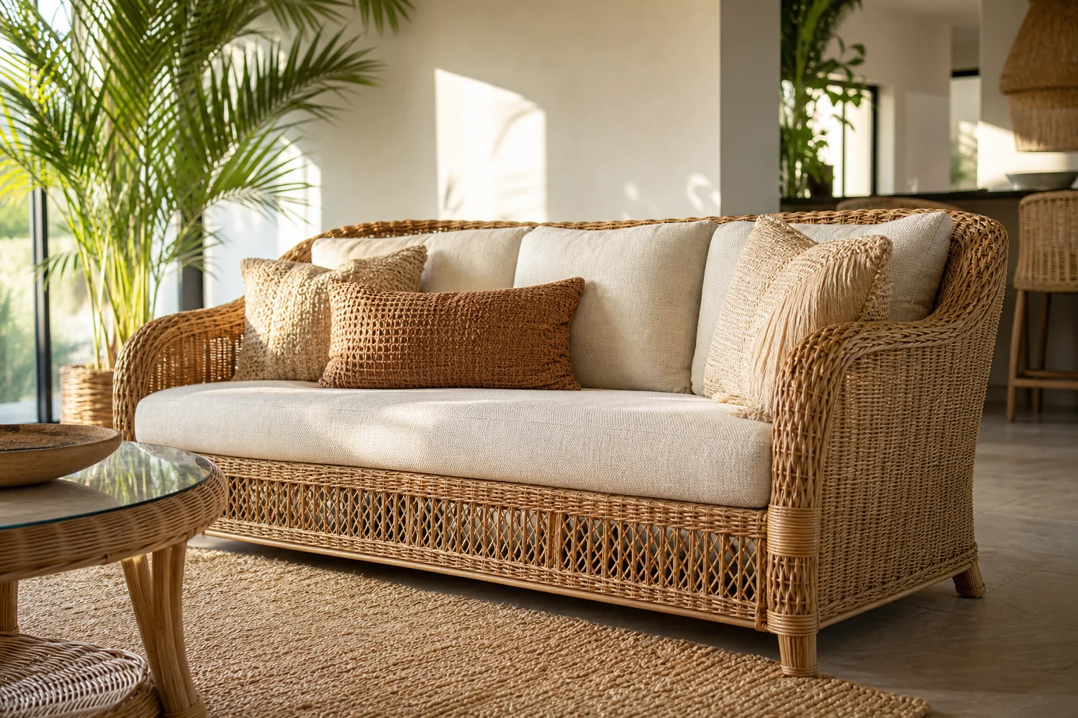 Teak Wood vs Rattan Sofa: Best Choice for Mumbai Homes? 3 Rattan sofa with woven cane texture in a bright airy living space. photorealistic photograph of a natural rattan sofa with intricately woven cane texture, placed in a bright airy living room with tropical plants nearby, light tan and beige