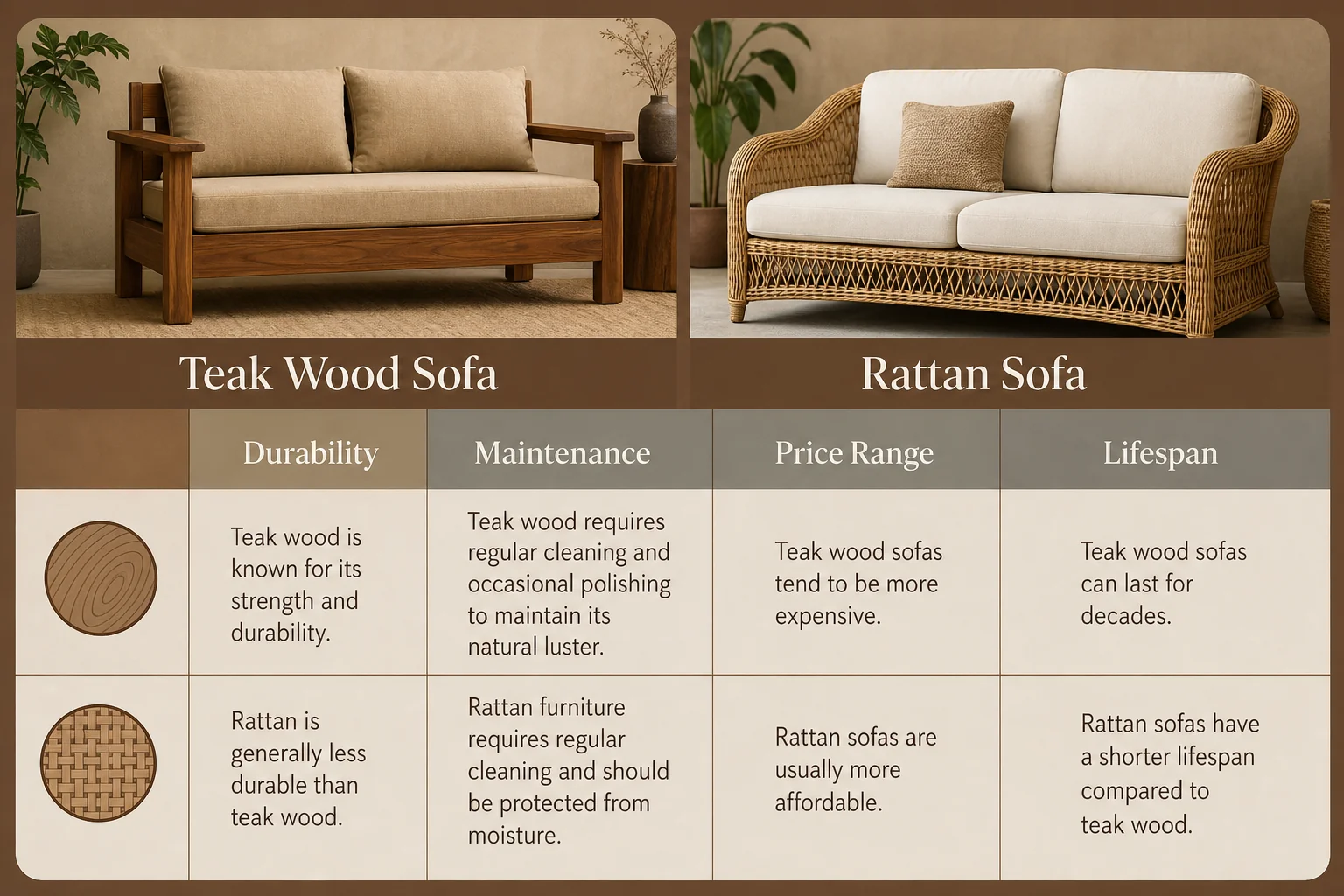 Teak Wood vs Rattan Sofa: Best Choice for Mumbai Homes? 4 Infographic comparing teak wood and rattan sofas across durability, maintenance, price and lifespan. photorealistic-style clean infographic on a warm brown and beige background (#765139, #a48e76, #868178), comparing 'Teak Wood Sofa' and