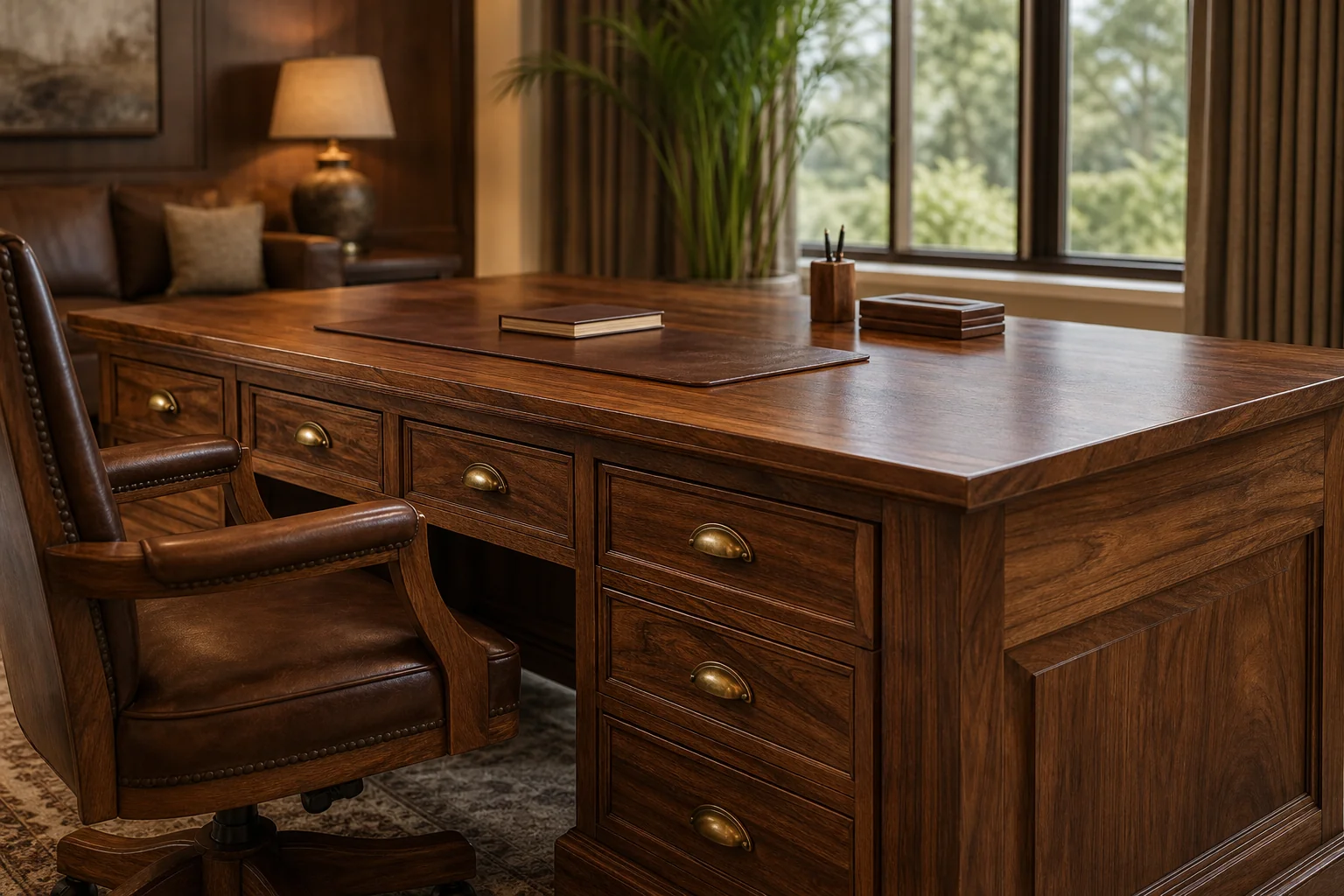 Teak Wood vs Metal Furniture: Best for Bhopal Offices? 2 Close-up of a handcrafted teak executive desk with warm finish in a client meeting room. Photorealistic close-up photograph of a handcrafted solid teak wood executive desk in a warmly lit meeting room, showing rich brown wood grain, brass