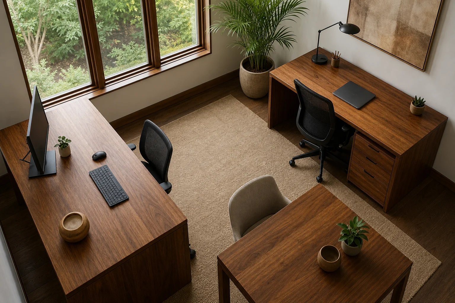 Teak Wood vs Metal Furniture: Best for Bhopal Offices? 3 Overhead photo of an office setup with wooden desks arranged for a small team, warm natural light. Photorealistic overhead photograph of a small modern office layout with three solid teak wood desks arranged in an L-shape, warm wooden