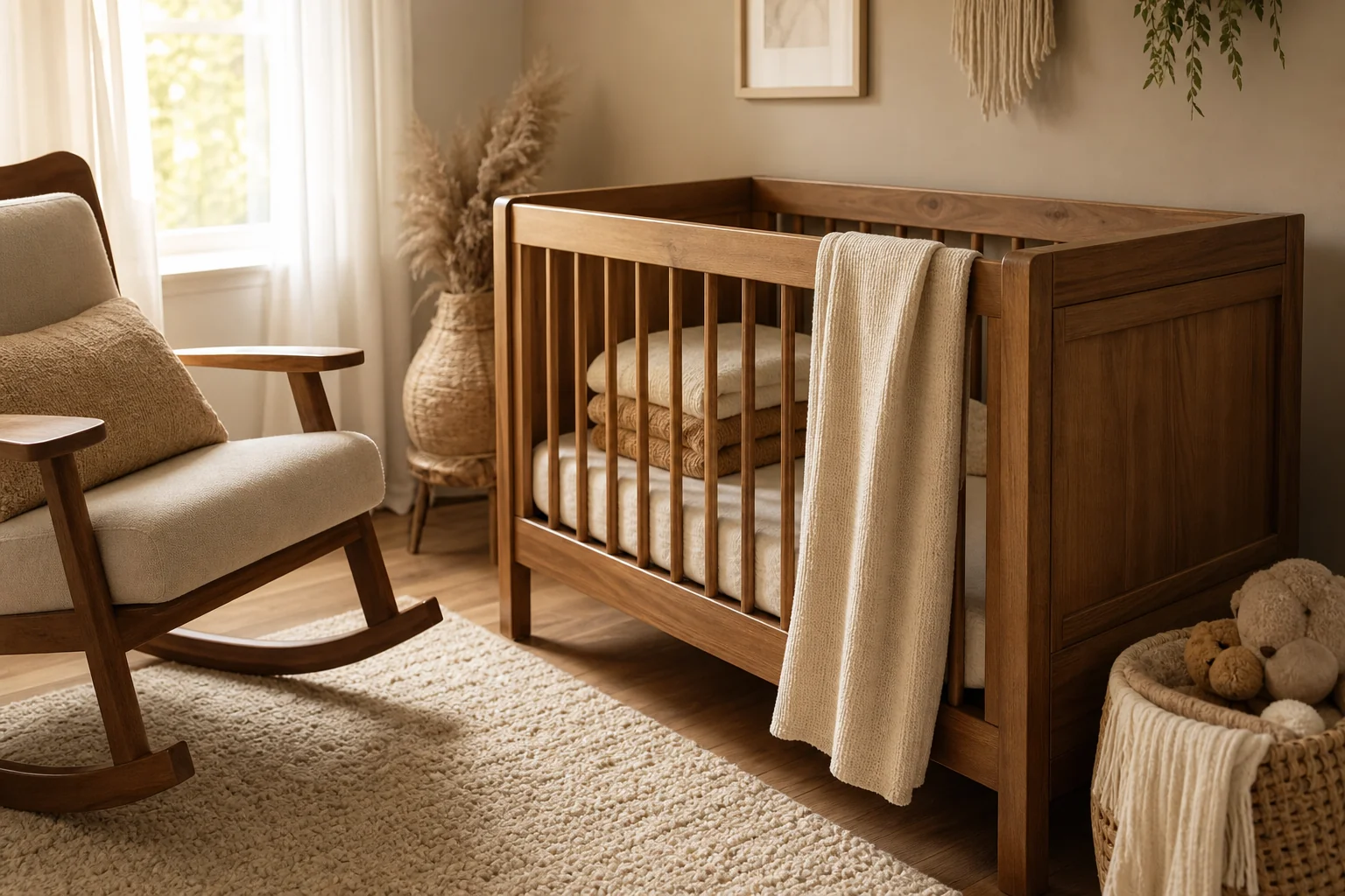 What Safety Standards Should a Wooden Baby Crib Meet? 2 A warm, softly lit nursery with a solid wood crib, showing texture and craftsmanship. photorealistic photo of a warm, sunlit nursery room featuring a solid wooden baby crib with visible smooth grain texture, soft cream and warm brown tones