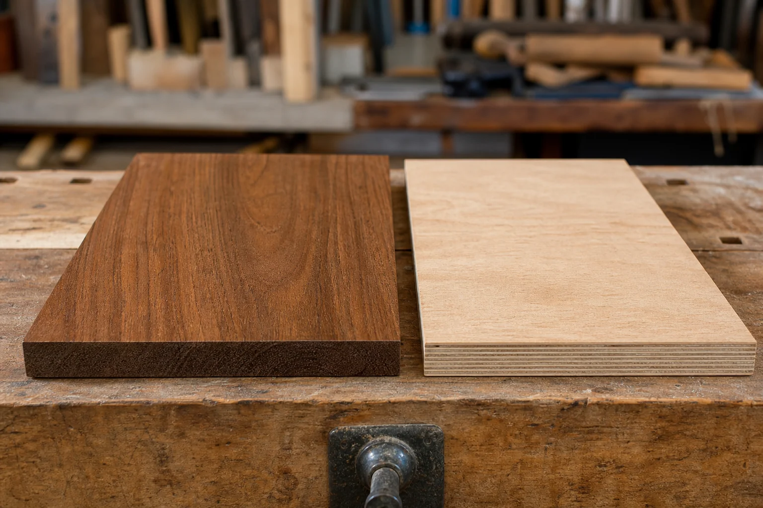 What Safety Standards Should a Wooden Baby Crib Meet? 3 Comparison-style image showing solid teak wood grain versus engineered board texture. photorealistic side-by-side style photograph on a wooden workbench comparing a solid teak wood plank with rich brown grain (#765139 tones) against a