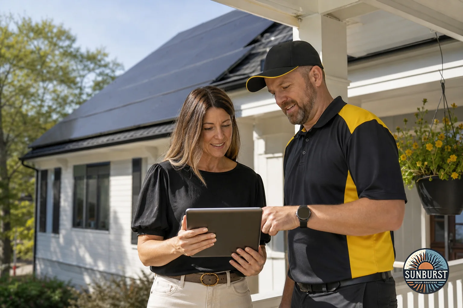 A homeowner and a single solar company representative reviewing a project plan together on a porch, representing the simplicity of one point of contact. photorealistic: A homeowner and a solar company representative in branded dark and
