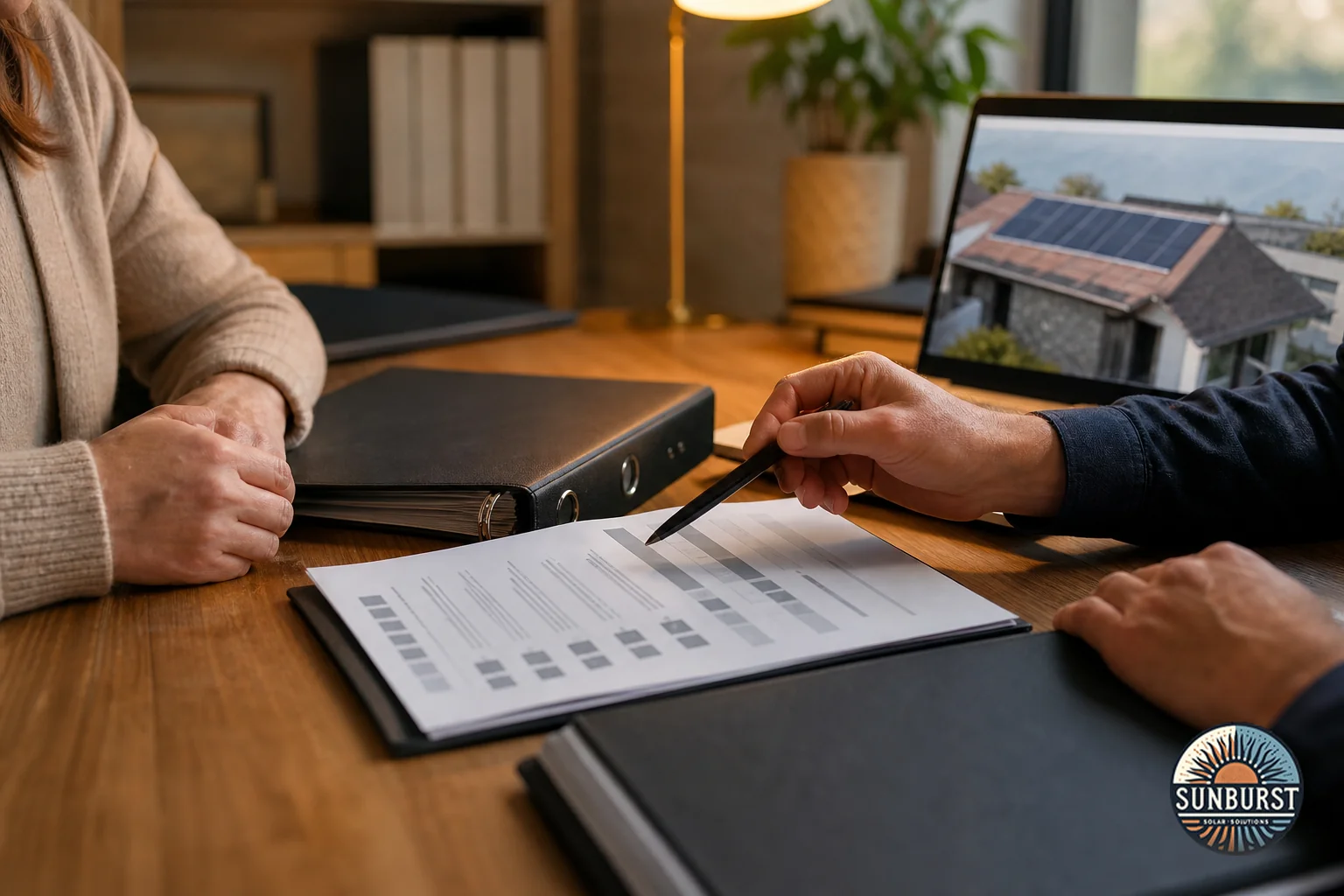 A close-up of a homeowner reviewing a written contract or checklist with a solar consultant, symbolizing due diligence before hiring. photorealistic: Close-up shot of a homeowner's hands and a solar consultant's hands reviewing a printed
