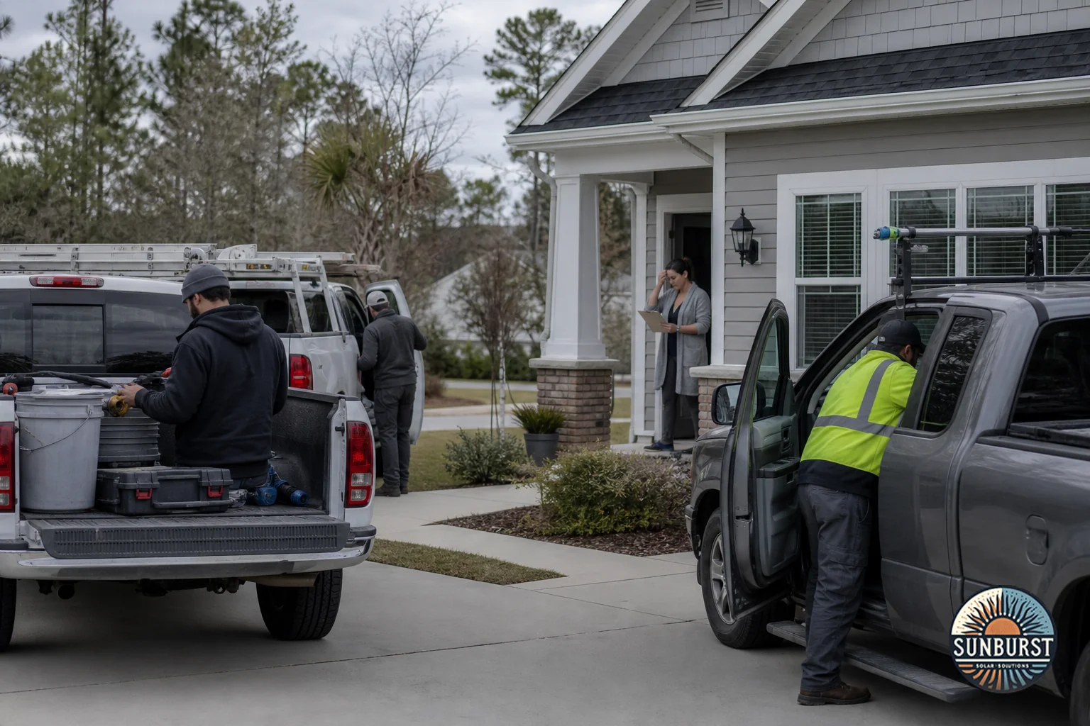 A stressed homeowner surrounded by multiple separate work trucks or crews arriving at different times, showing the chaos of coordinating several vendors. photorealistic: Wide exterior shot of a suburban South Carolina home driveway with