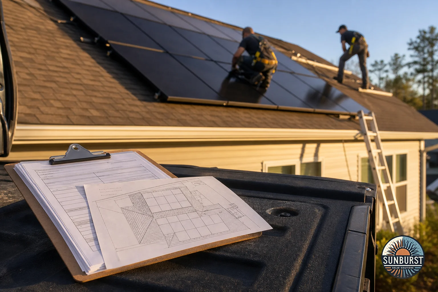 Close-up of a permit document and site plan next to a rooftop solar installation in progress. Photorealistic photo of a clipboard holding a building permit application and a rooftop solar site plan, resting on a truck tailgate at a
