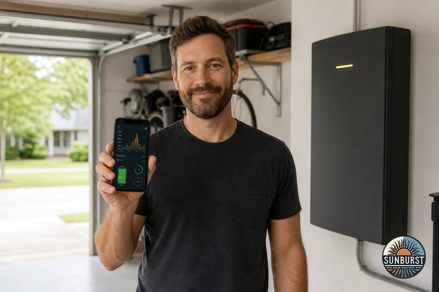 Homeowner checking a solar monitoring app on a phone with a home battery unit visible in a garage. Photorealistic photo of a homeowner standing in a clean, organized garage in South Carolina, holding a smartphone displaying a solar energy