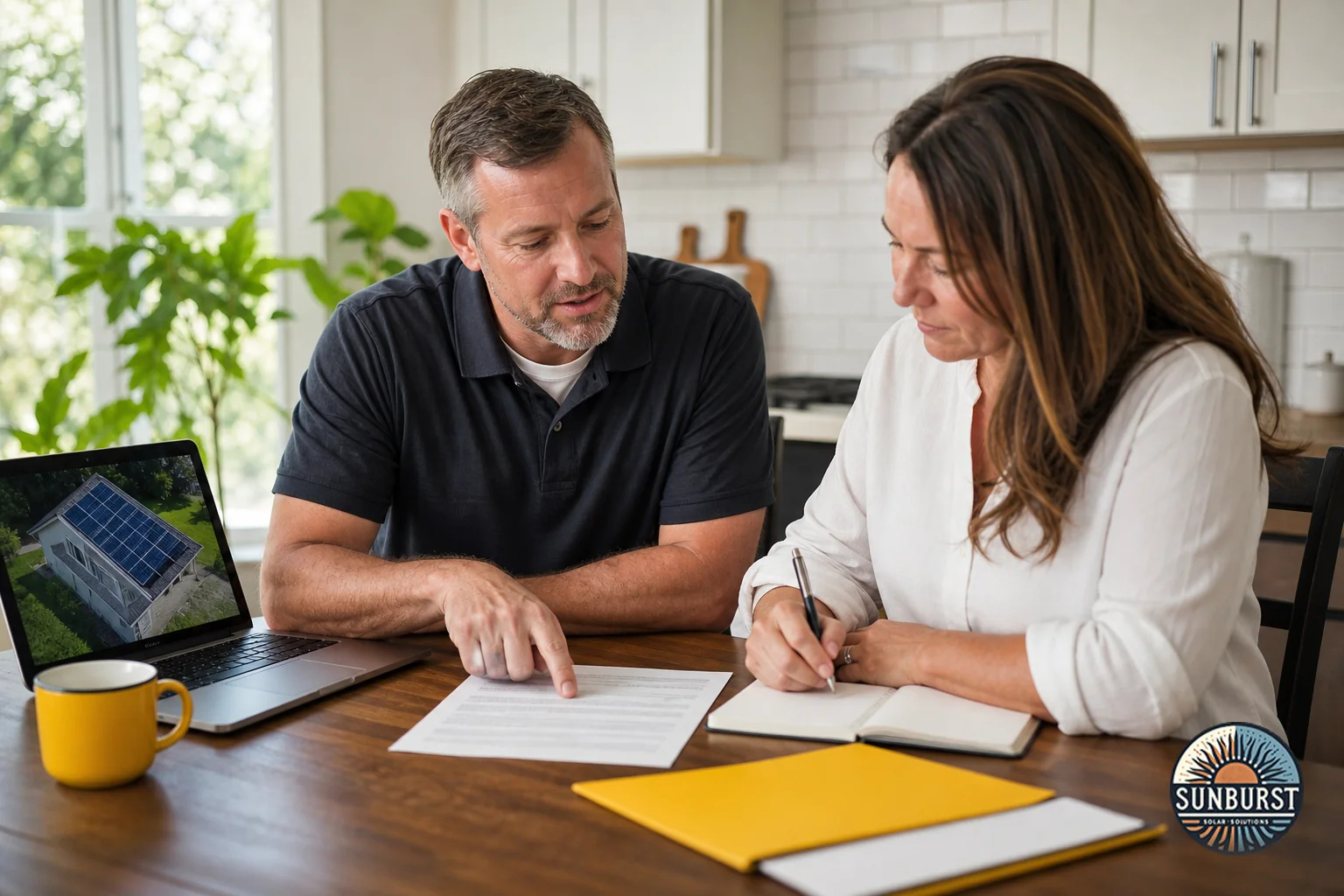 Homeowner and solar consultant reviewing a contract document together at a kitchen table, warranty paperwork visible. Photorealistic photo of a middle-aged homeowner and a professional solar consultant sitting at a kitchen table in a bright