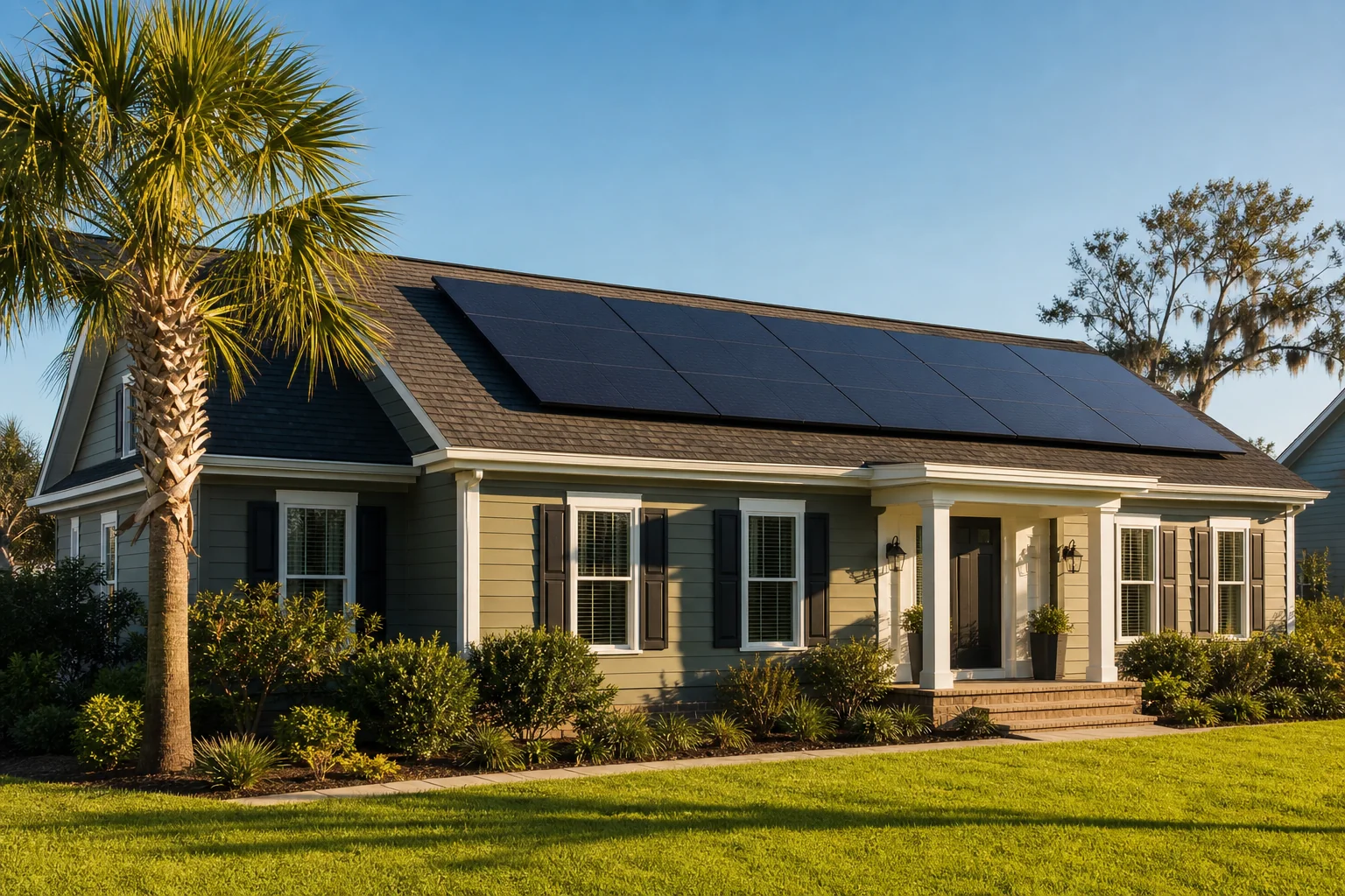 Finished solar panel installation on a Charleston home roof with the system now active, showing final result of the process. Photorealistic photo of a completed black-on-black solar panel array installed on the roof of a single-story