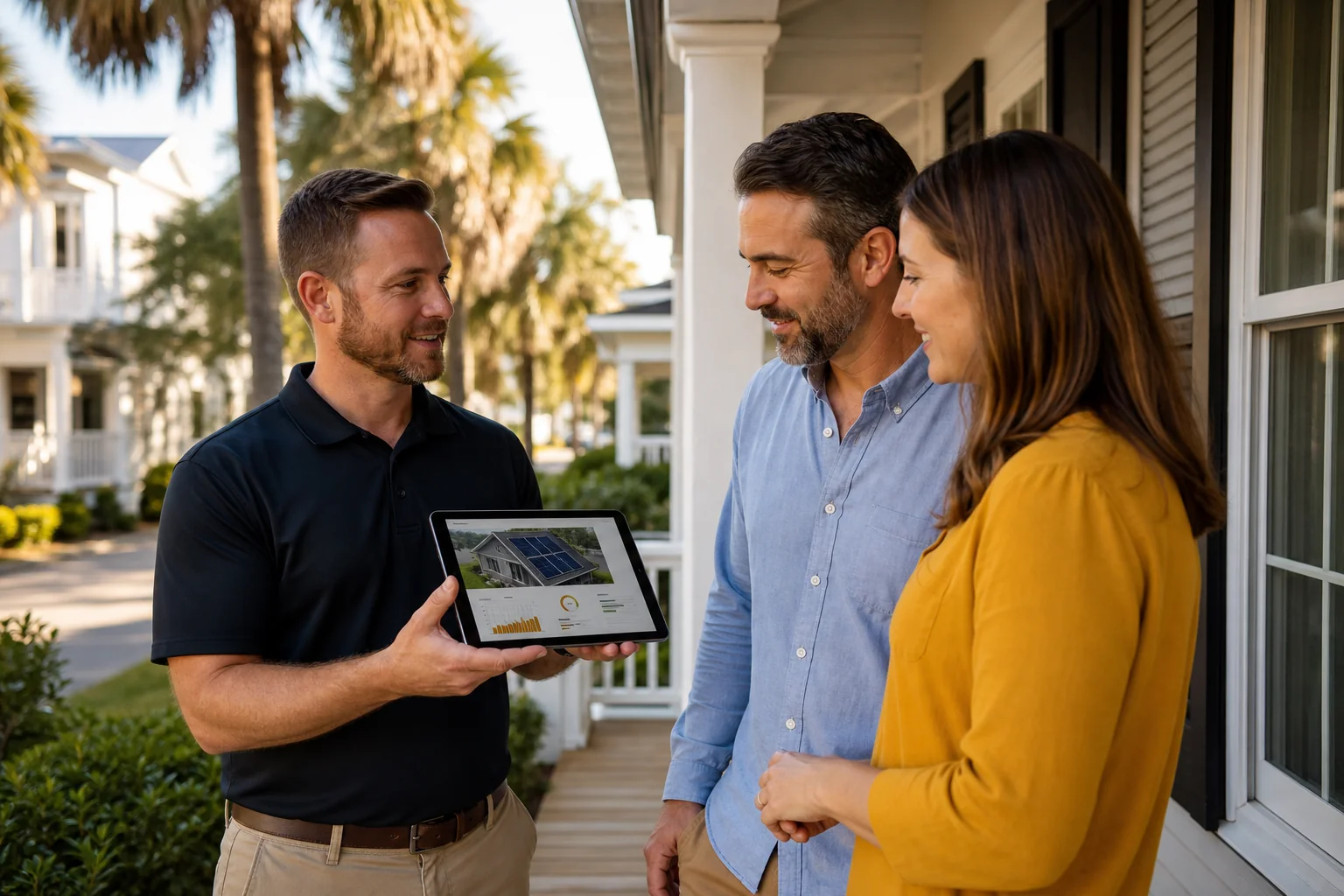 Charleston homeowner and solar consultant reviewing a home energy assessment on a tablet in front of a historic-style house with a solar-ready roof. Photorealistic photo of a friendly solar consultant in a branded dark polo shirt showing a