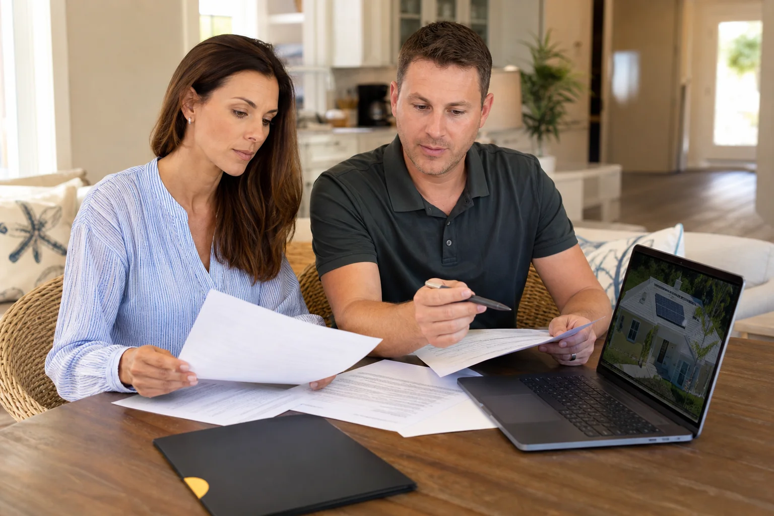 Homeowner and solar company representative reviewing HOA approval paperwork and permit documents at a kitchen table. Photorealistic photo of a homeowner and a professional solar company representative sitting at a kitchen table reviewing