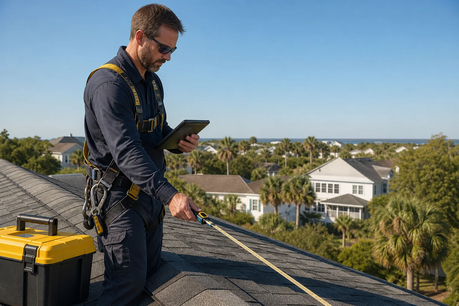 Technician on a residential rooftop measuring and surveying for solar panel placement. Photorealistic photo of a solar technician wearing safety harness and a dark uniform standing on a residential asphalt shingle rooftop in Charleston