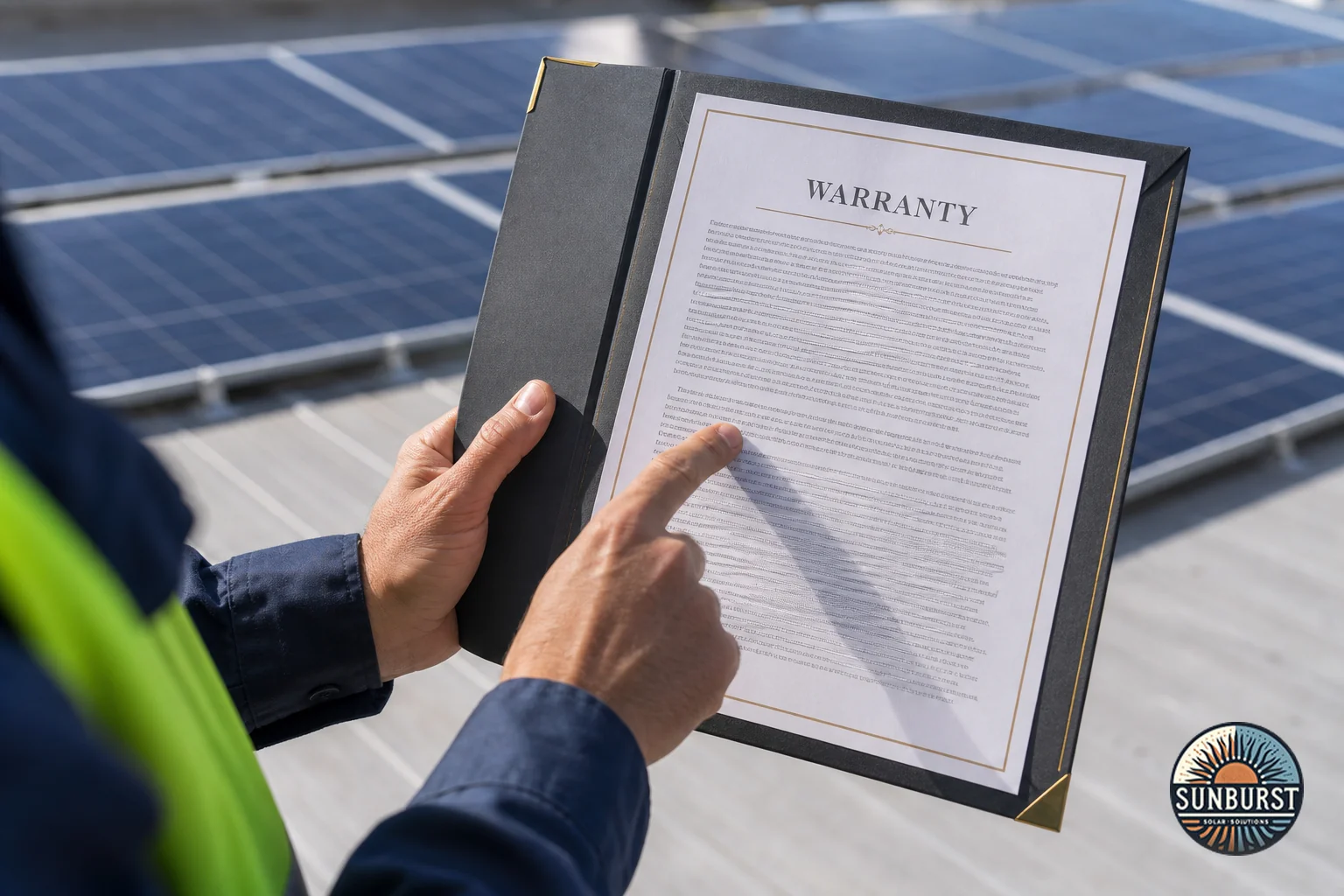 Close-up of installer hands pointing to a warranty document with solar panels in background. Photorealistic close-up photo of a solar installer's hands holding a warranty document and pointing to a paragraph, rooftop solar panels blurred in