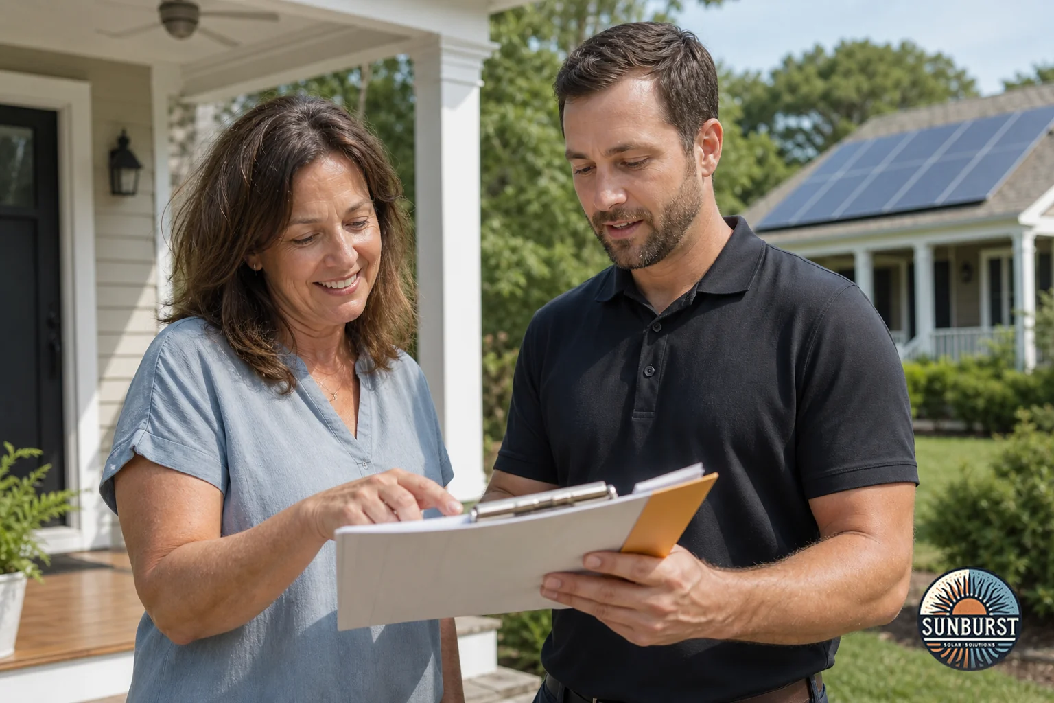 Homeowner and solar consultant reviewing a checklist on a clipboard on a porch in South Carolina. Photorealistic photo of a homeowner and a solar consultant standing on a sunlit South Carolina front porch, reviewing a printed checklist on a