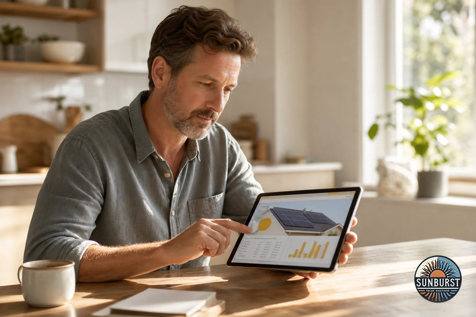 Homeowner reviewing a solar quote proposal on a tablet at a kitchen table. Photorealistic photo of a homeowner sitting at a kitchen table reviewing a solar installation quote on a tablet, sunlight streaming through the window, coffee cup