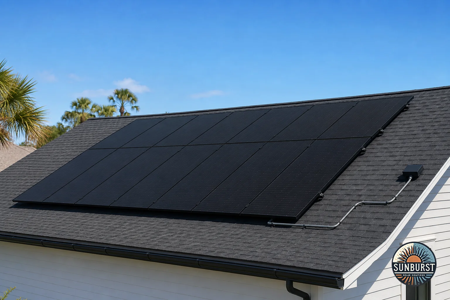 Solar panels installed on a South Carolina rooftop against a clear blue sky representing quality workmanship. Photorealistic wide shot of black-on-black solar panels neatly installed on a South Carolina residential rooftop under a clear