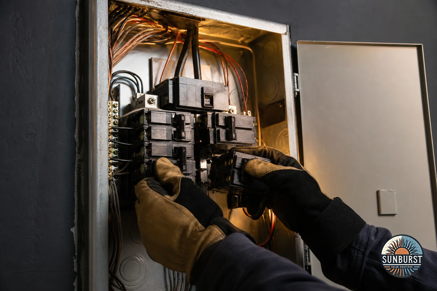 Close-up of an electrical panel being upgraded. Photorealistic close-up photo of an open residential electrical panel with a technician's gloved hands installing new circuit breakers, copper wiring visible, panel door open against a dark