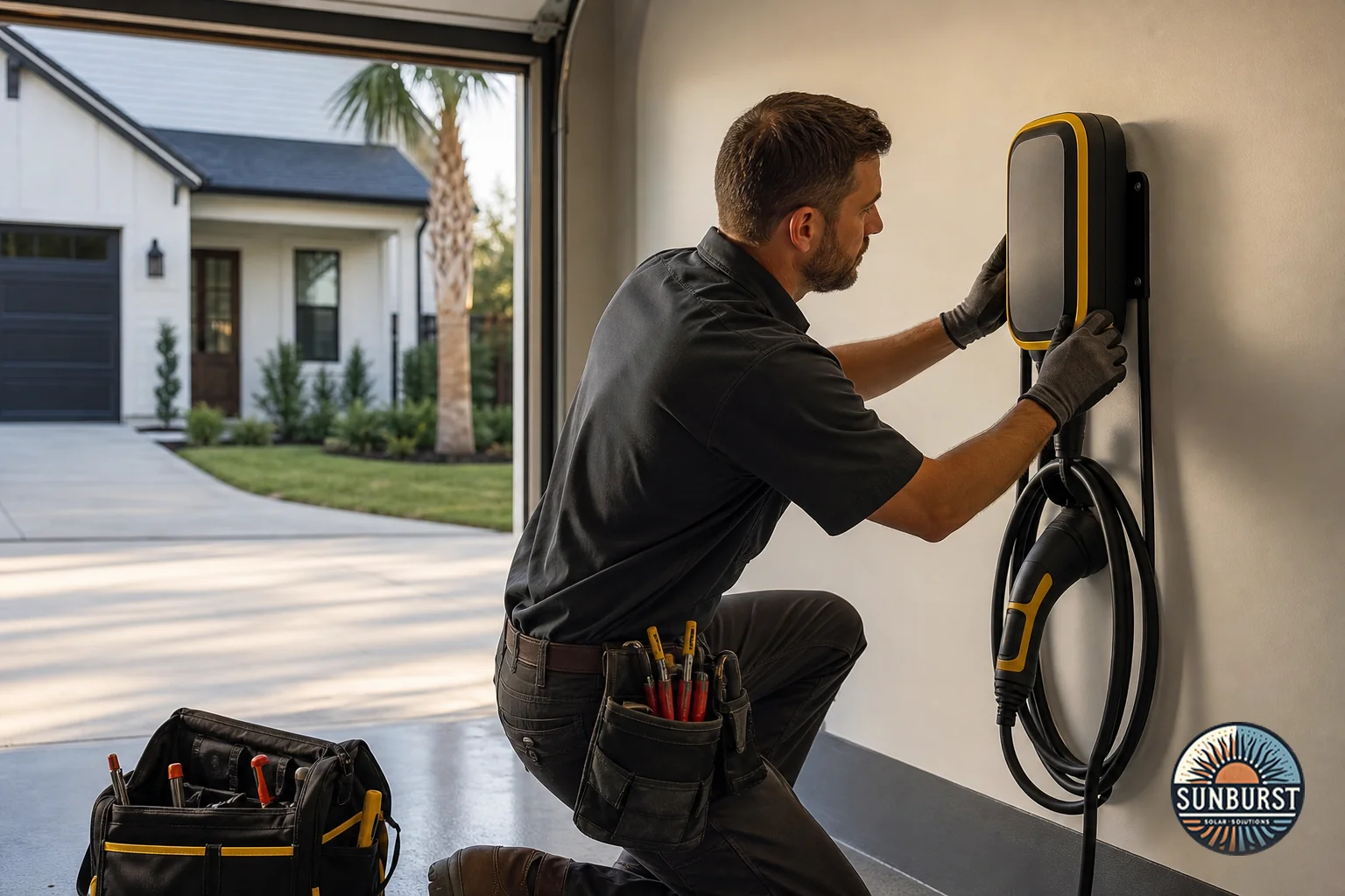 Electrician installing a Level 2 EV charger on a home garage wall. Photorealistic photo of a licensed electrician in work uniform mounting a black and yellow Level 2 EV charging station on a garage wall of a modern South Carolina home, warm